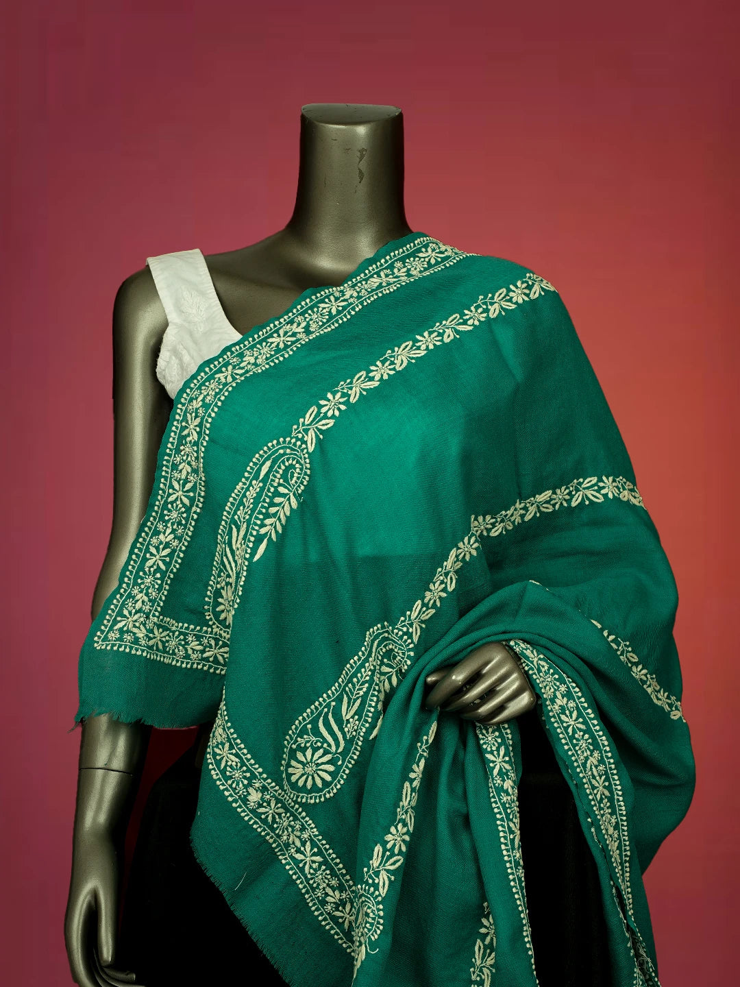 Ada Hand Embroidered Rama Green Pashmina Lucknowi Chikankari Teen Taar Shawl 01A715875