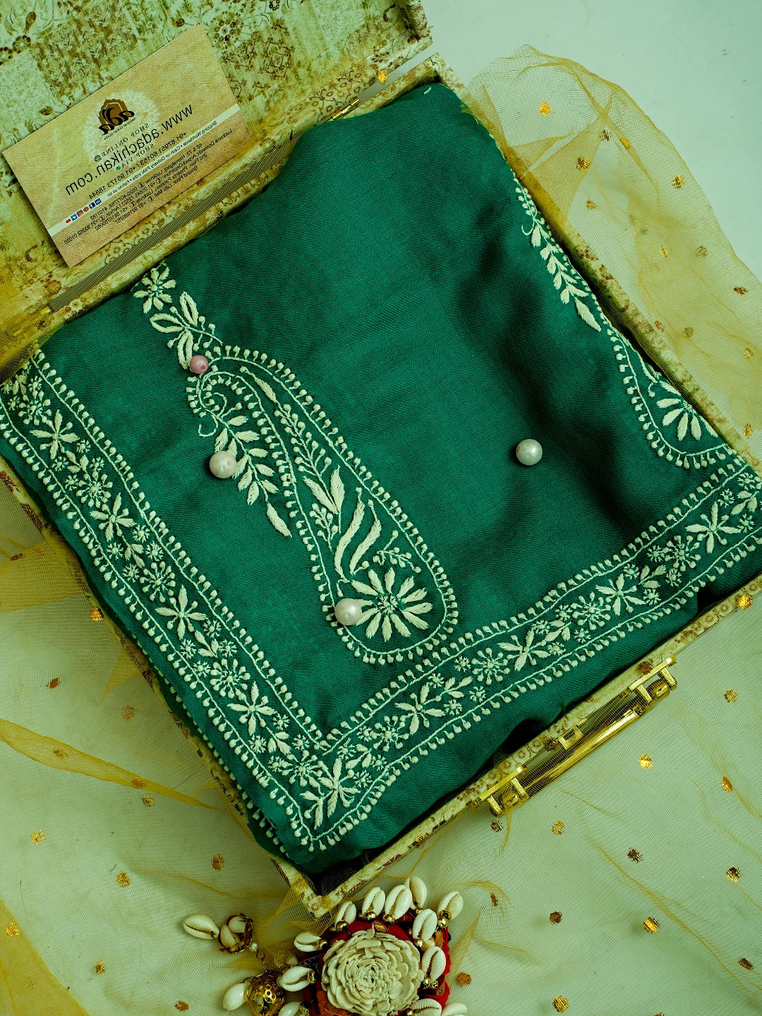 Ada Hand Embroidered Rama Green Pashmina Lucknowi Chikankari Teen Taar Shawl 01A715875