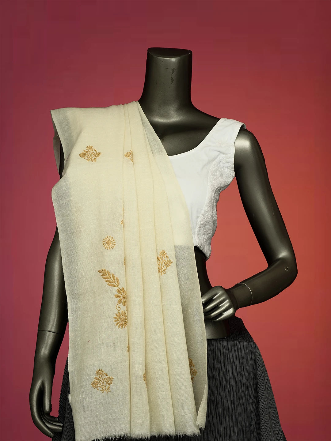 Ada Hand Embroidered White Pashmina Lucknowi Chikankari Teen Taar Shawl A230115520