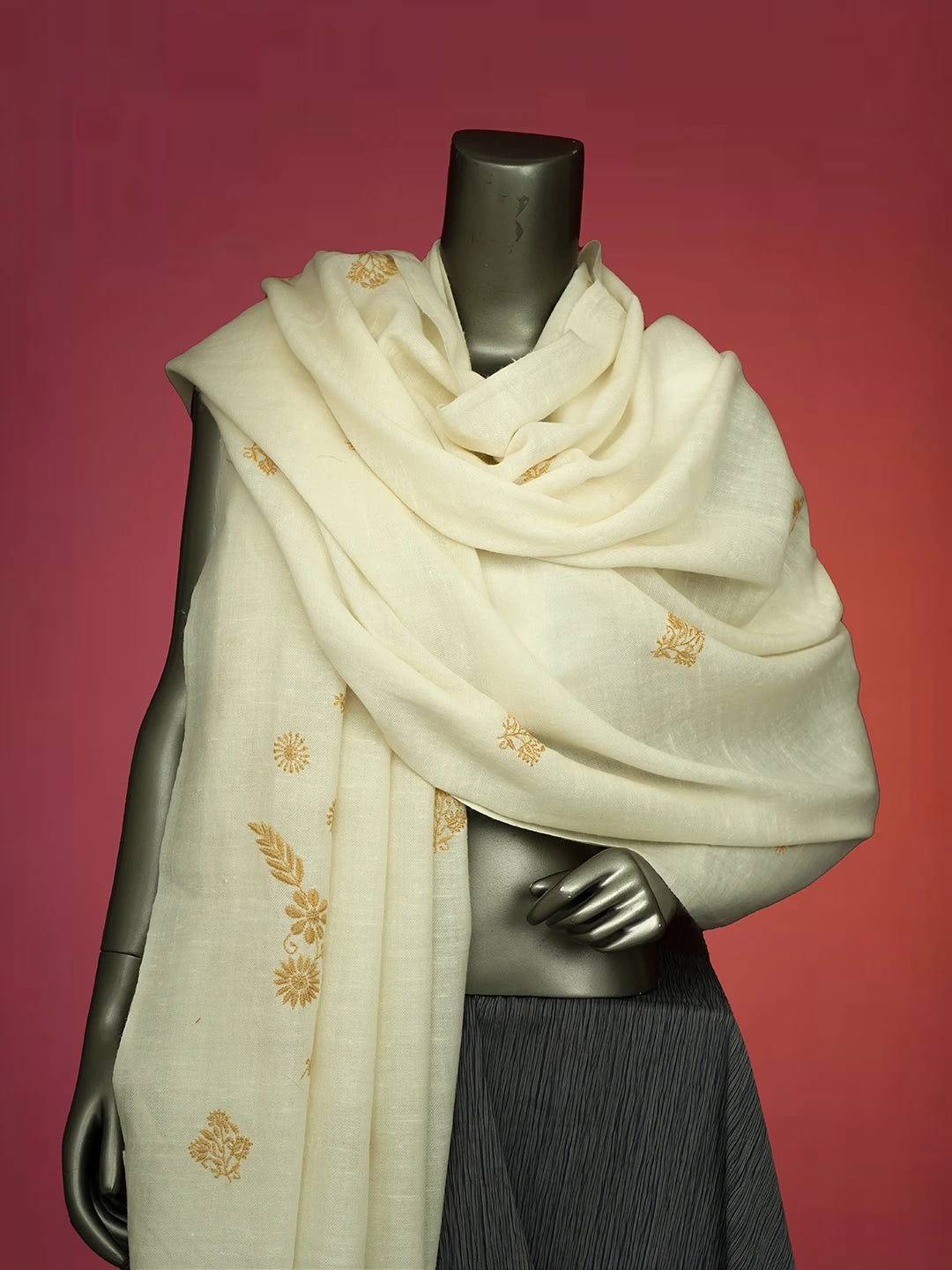 Ada Hand Embroidered White Pashmina Lucknowi Chikankari Teen Taar Shawl A230115520