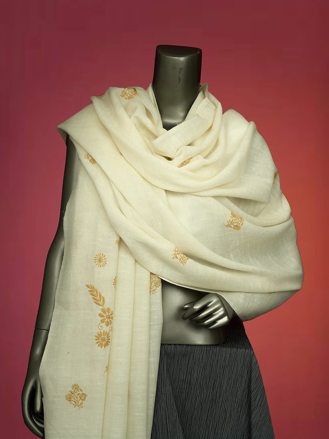 Ada Hand Embroidered White Pashmina Lucknowi Chikankari Teen Taar Shawl A230115520