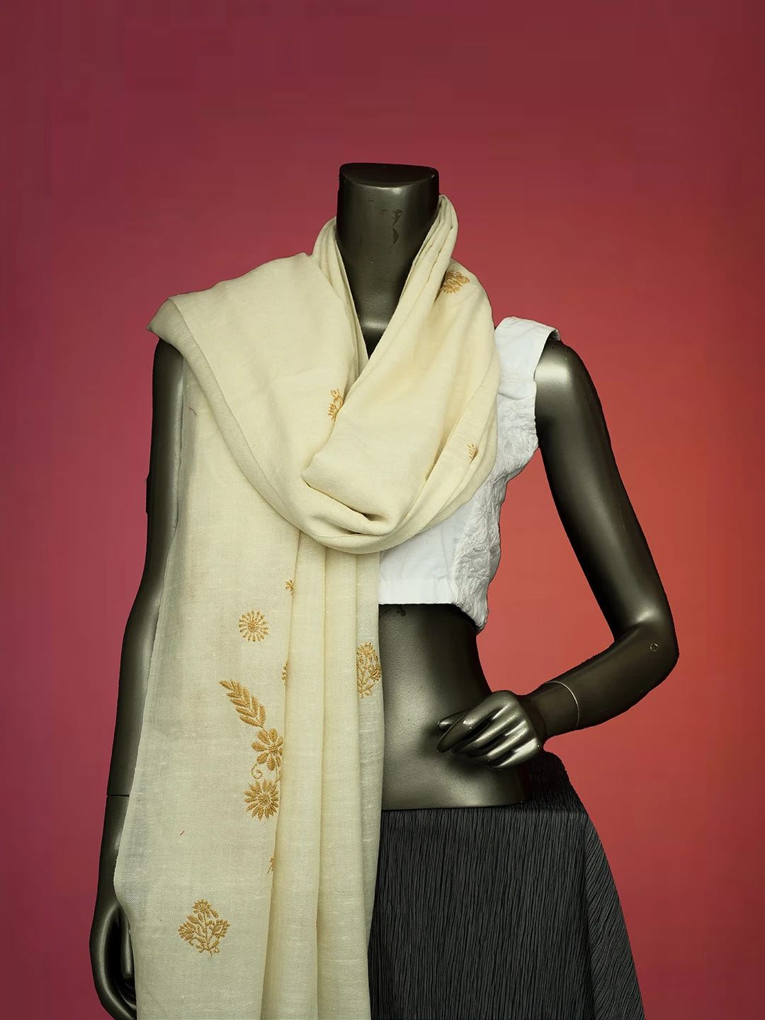 Ada Hand Embroidered White Pashmina Lucknowi Chikankari Teen Taar Shawl A230115520