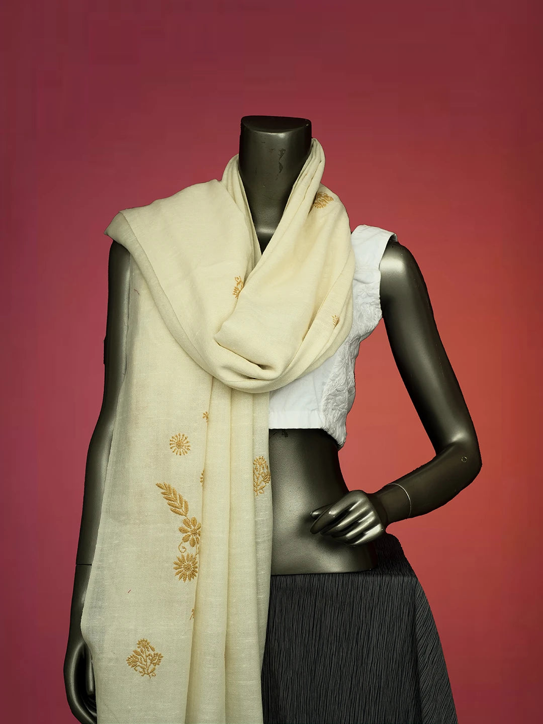 Ada Hand Embroidered White Pashmina Lucknowi Chikankari Teen Taar Shawl A230115520