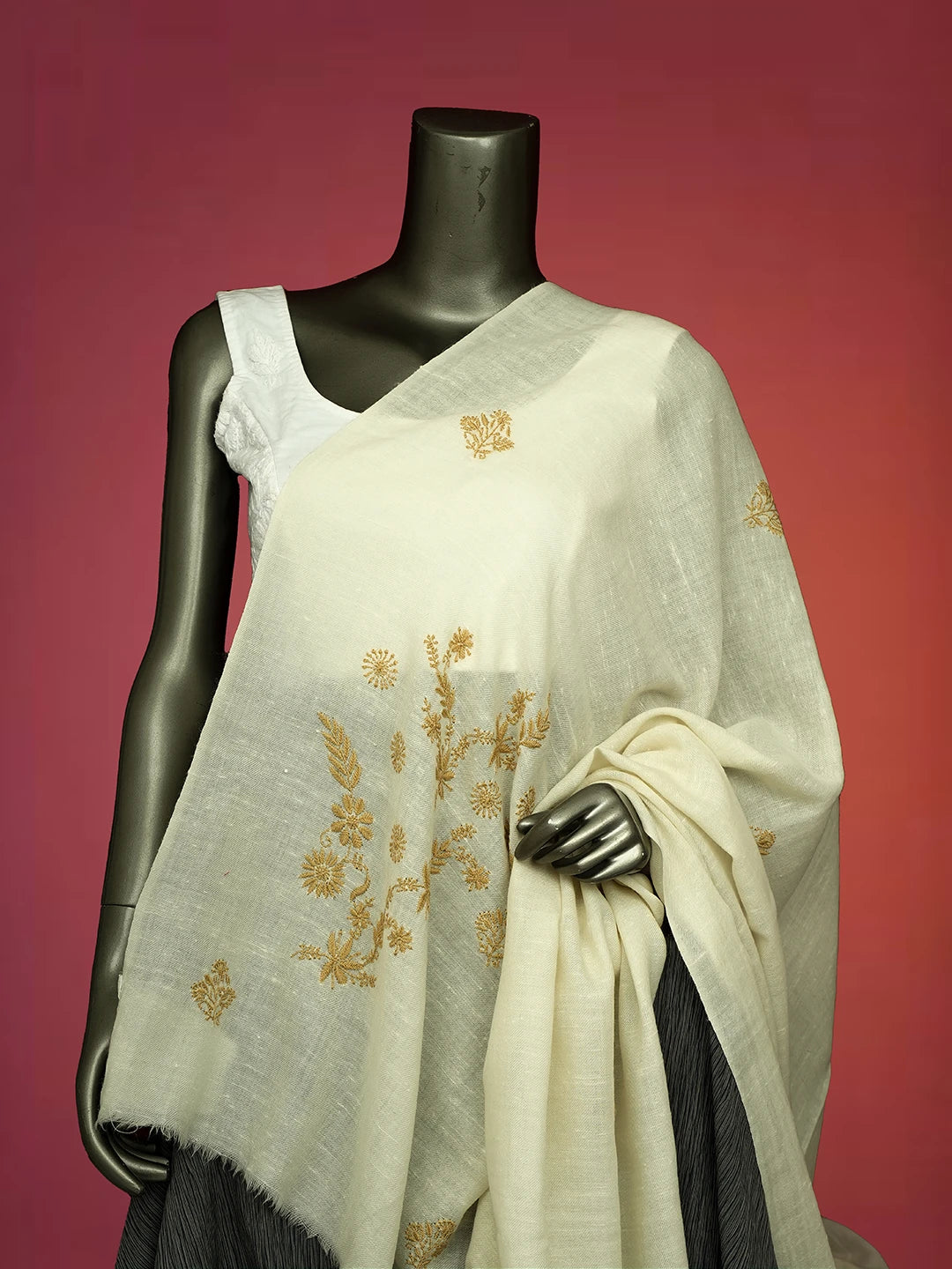 Ada Hand Embroidered White Pashmina Lucknowi Chikankari Teen Taar Shawl A230115520