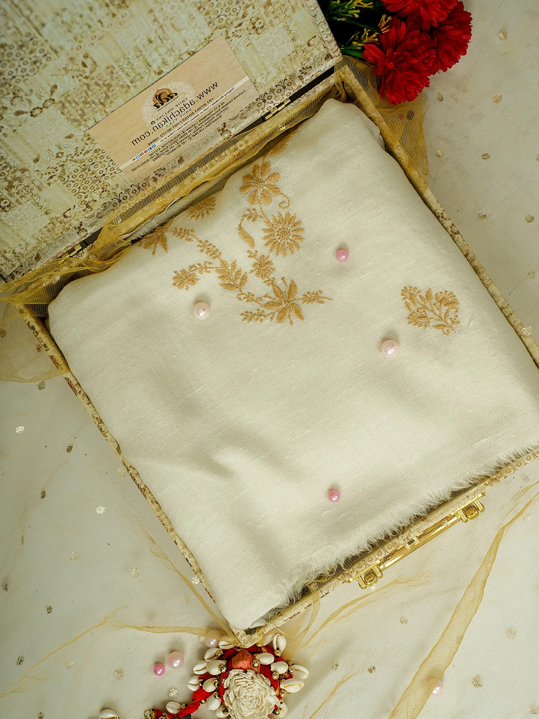 Ada Hand Embroidered White Pashmina Lucknowi Chikankari Teen Taar Shawl A230115520