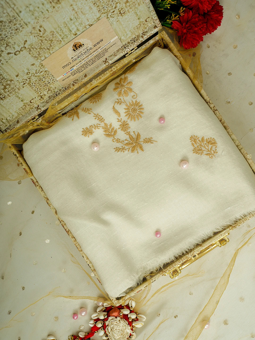 Ada Hand Embroidered White Pashmina Lucknowi Chikankari Teen Taar Shawl A230115520