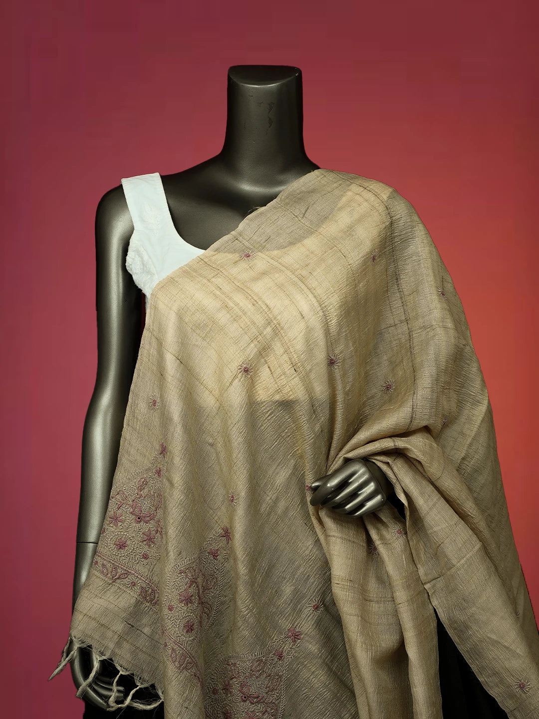 Ada Hand Embroidered Fawn Silk Lucknowi Chikankari Dupatta 01A670179