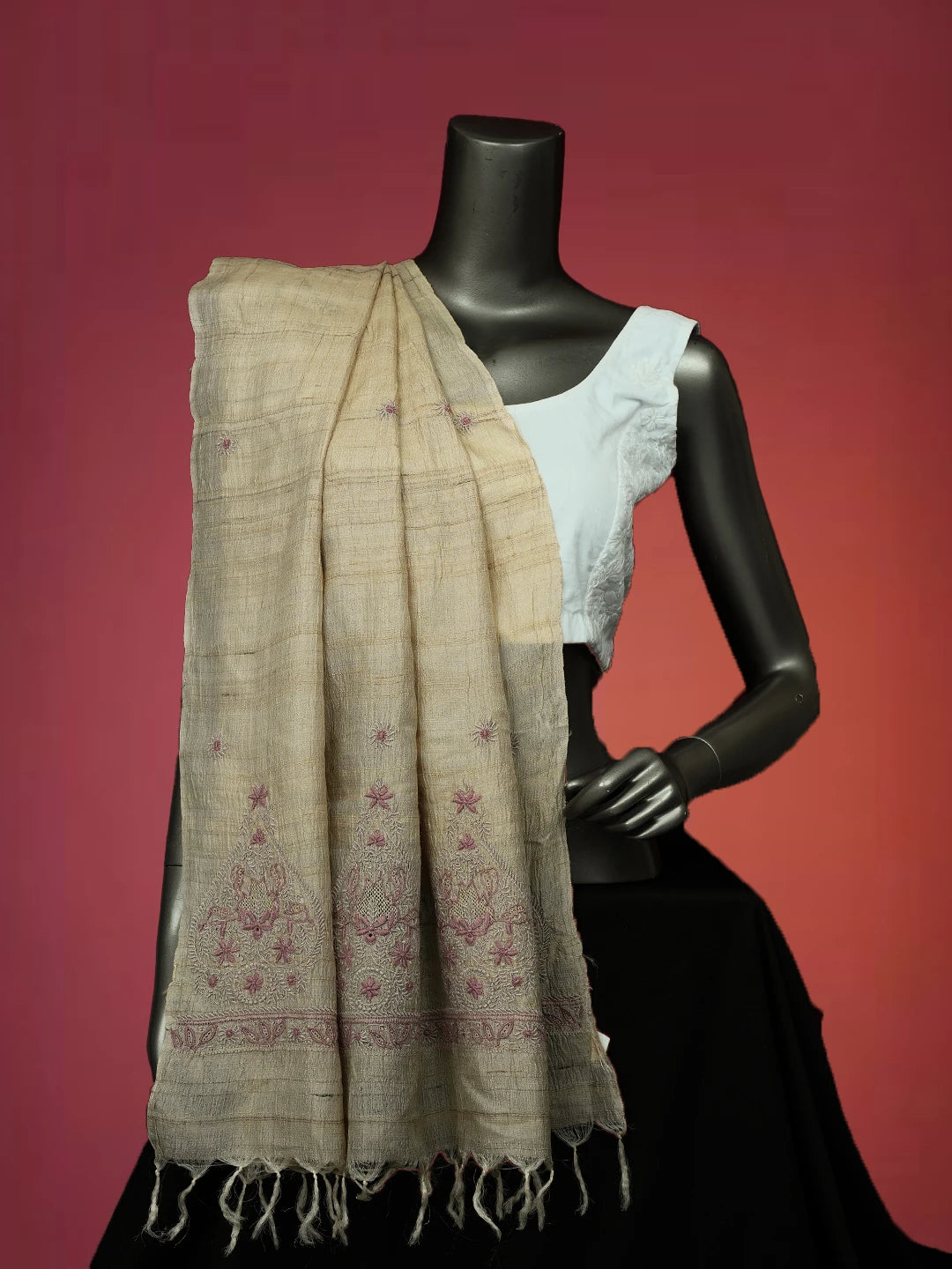 Ada Hand Embroidered Fawn Silk Lucknowi Chikankari Dupatta 01A670179
