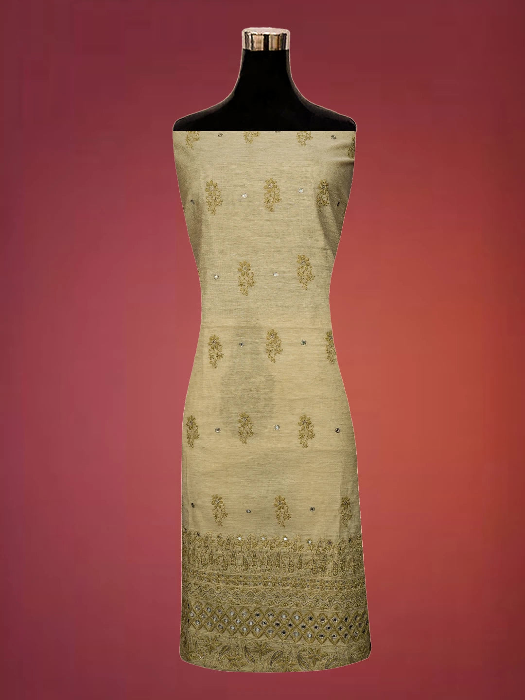 Ada Hand Embroidered Fawn Chanderi Lucknowi Chikankari Unstitched Kurta Piece With Mirror Work 01A548580