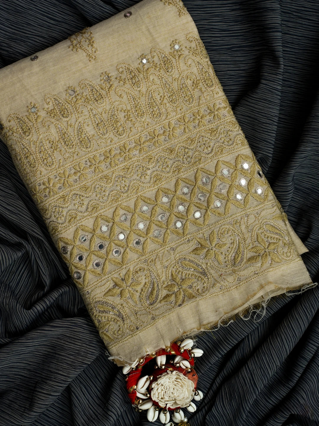 Ada Hand Embroidered Fawn Chanderi Lucknowi Chikankari Unstitched Kurta Piece With Mirror Work 01A548580