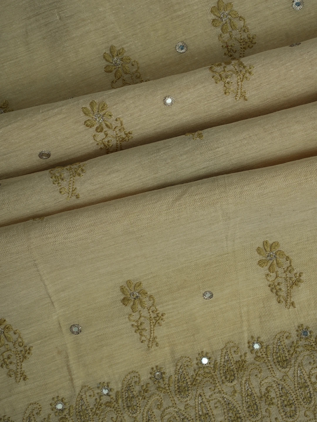 Ada Hand Embroidered Fawn Chanderi Lucknowi Chikankari Unstitched Kurta Piece With Mirror Work 01A548580