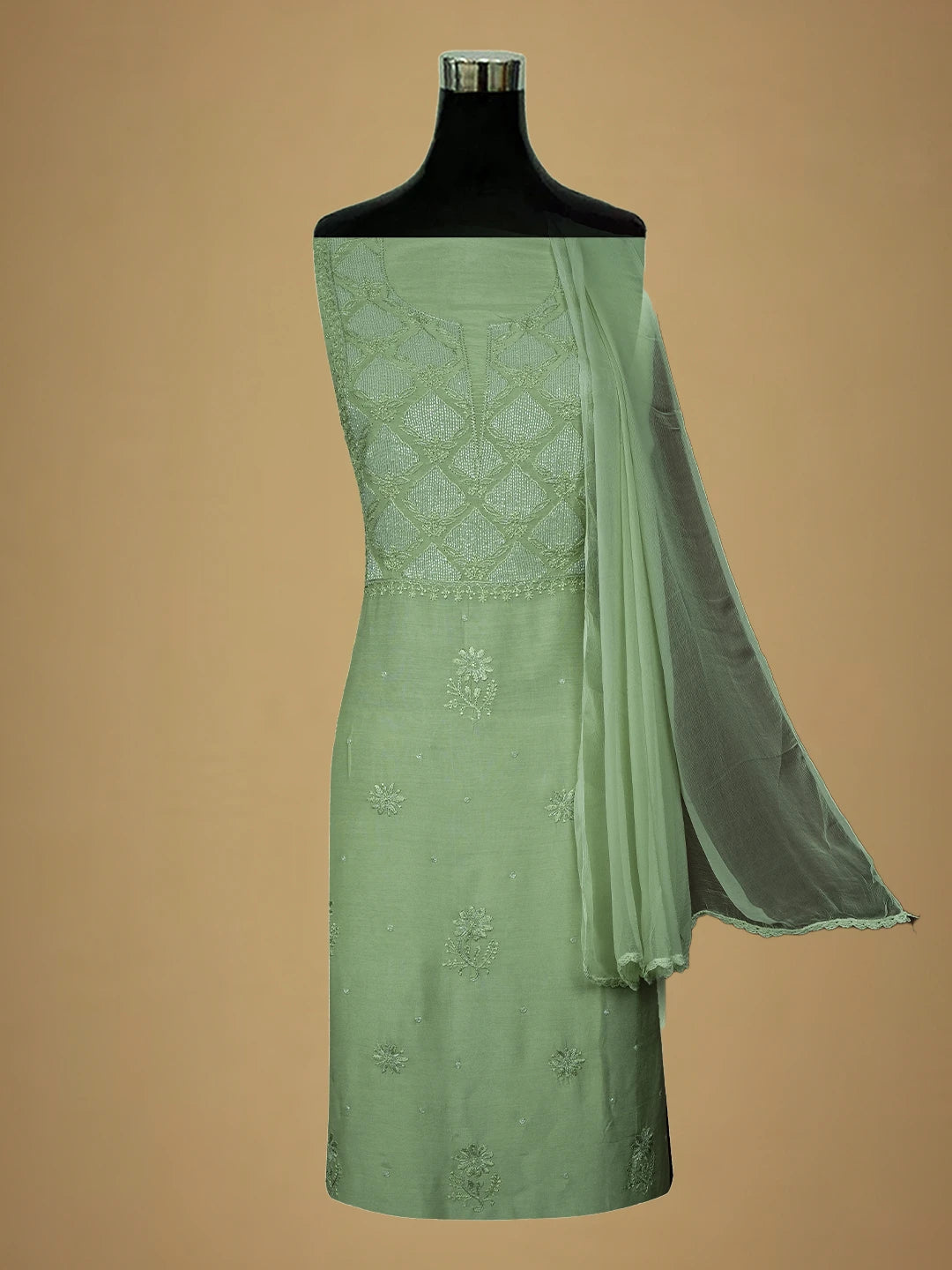 Ada Hand Embroidered Pista Green Muslin Lucknowi Chikankari Unstitched Suit Piece With Cutdana Work 01A713180