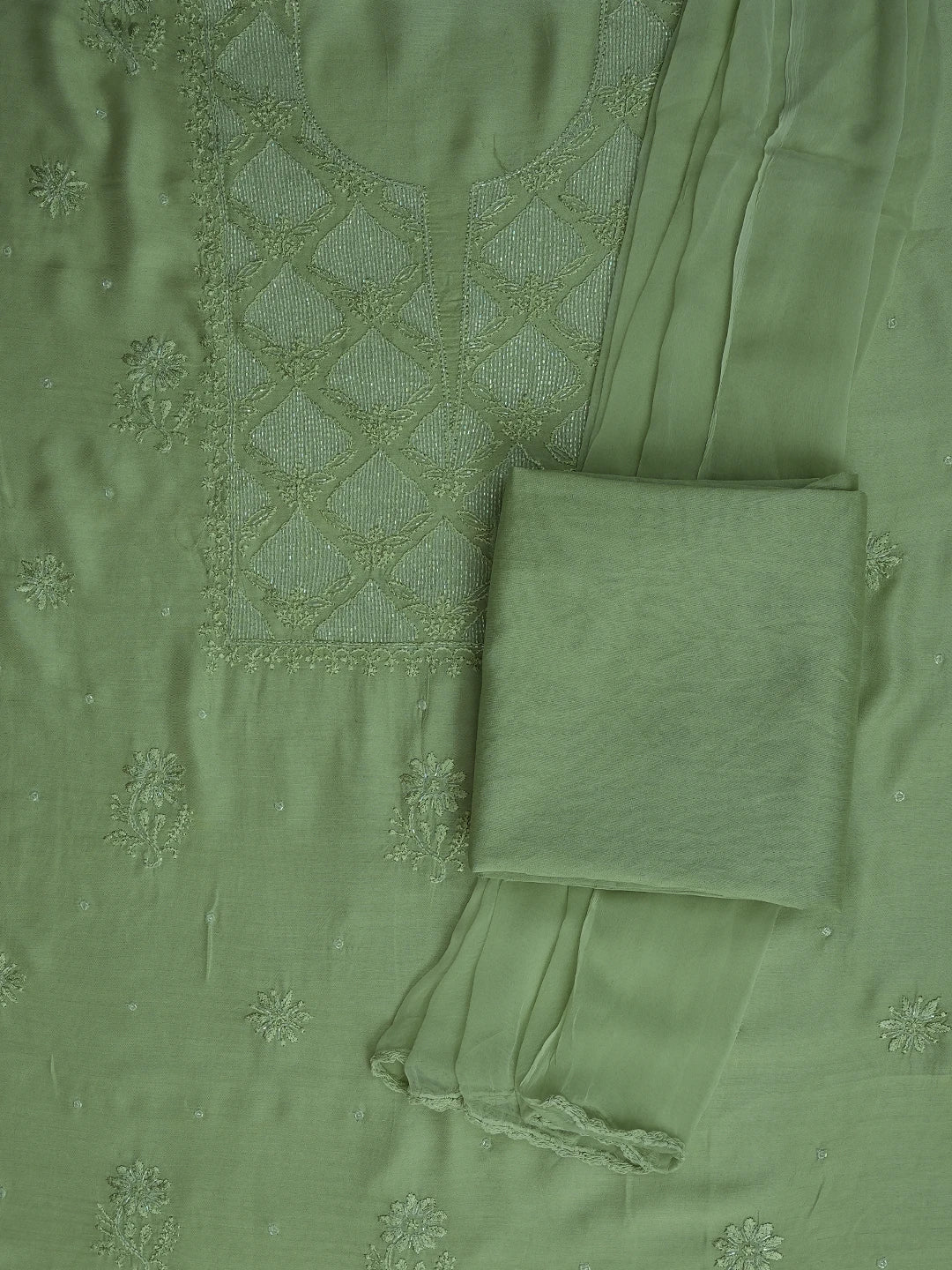 Ada Hand Embroidered Pista Green Muslin Lucknowi Chikankari Unstitched Suit Piece With Cutdana Work 01A713180