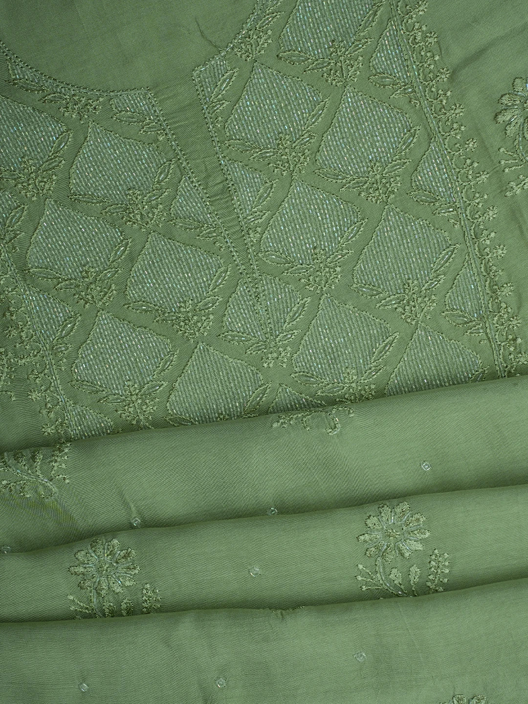 Ada Hand Embroidered Pista Green Muslin Lucknowi Chikankari Unstitched Suit Piece With Cutdana Work 01A713180