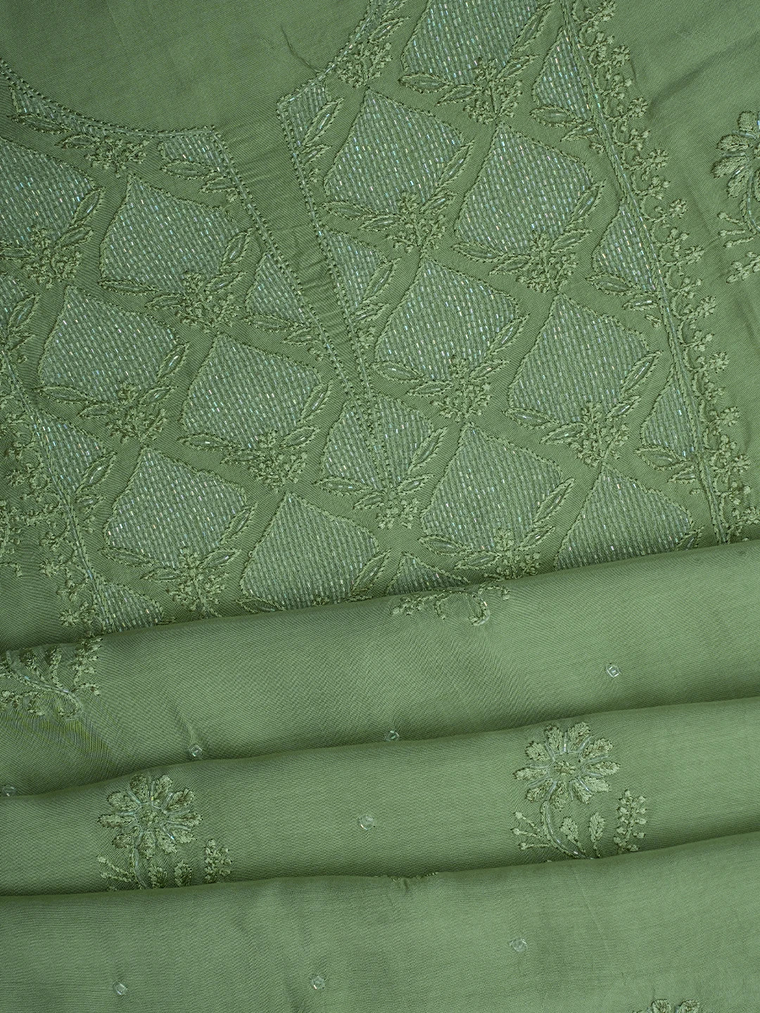 Ada Hand Embroidered Pista Green Muslin Lucknowi Chikankari Unstitched Suit Piece With Cutdana Work 01A713180