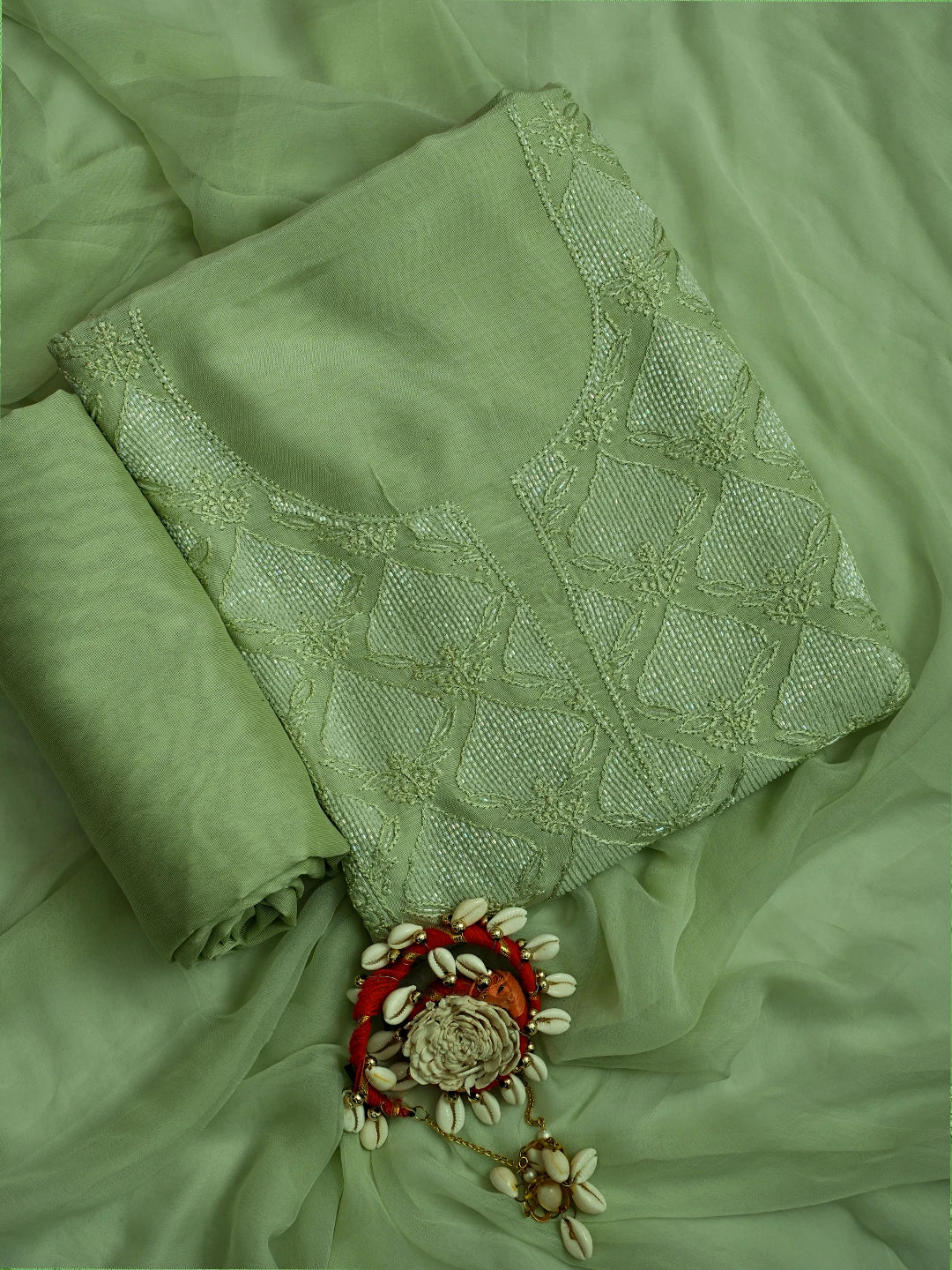 Ada Hand Embroidered Pista Green Muslin Lucknowi Chikankari Unstitched Suit Piece With Cutdana Work 01A713180
