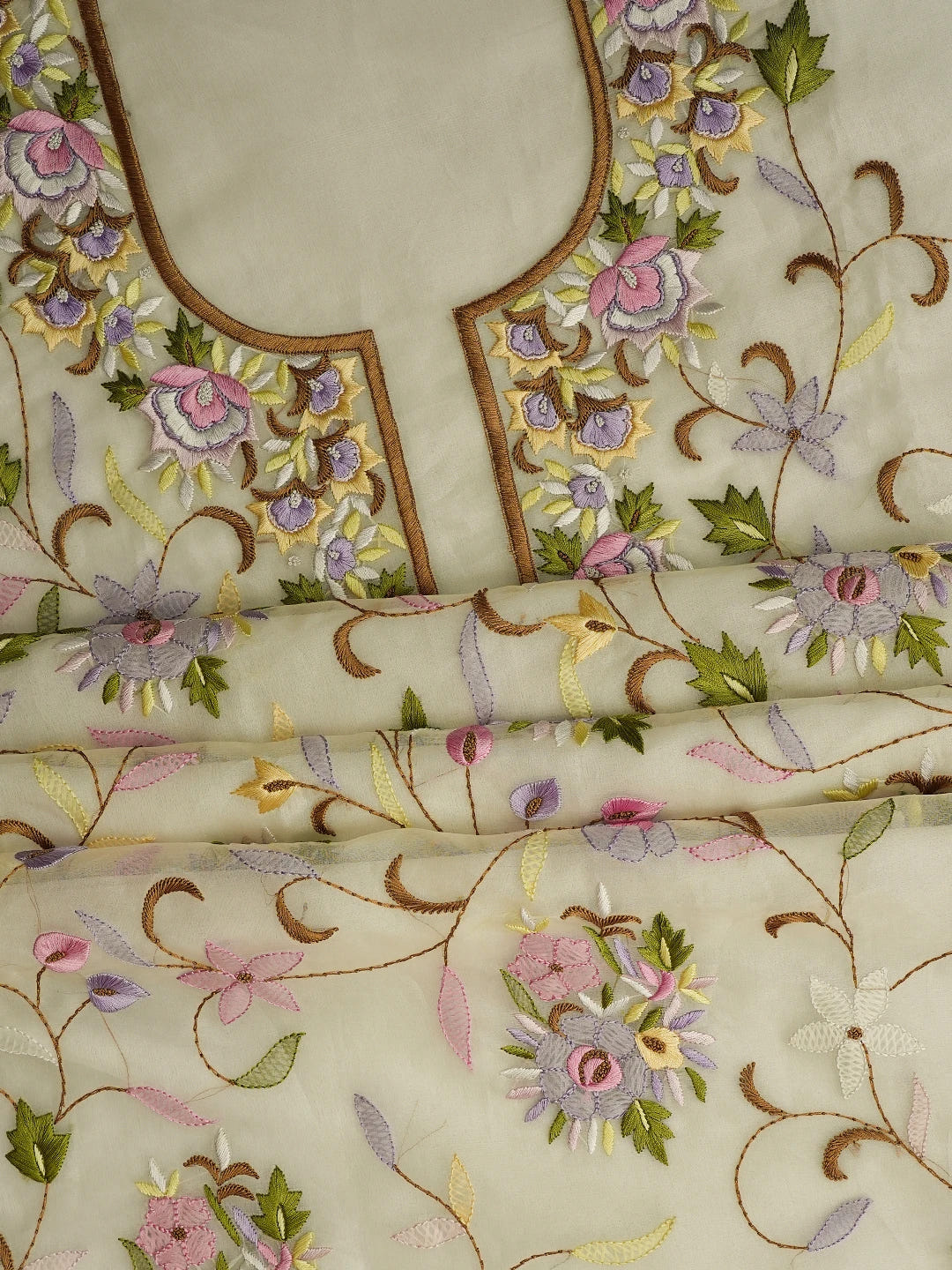 Ada Hand Embroidered White Organza Lucknowi Chikankari Unstitched Kurta Piece With Parsi Work 01A708849