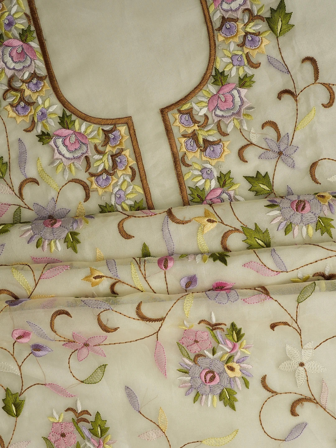 Ada Hand Embroidered White Organza Lucknowi Chikankari Unstitched Kurta Piece With Parsi Work 01A708849