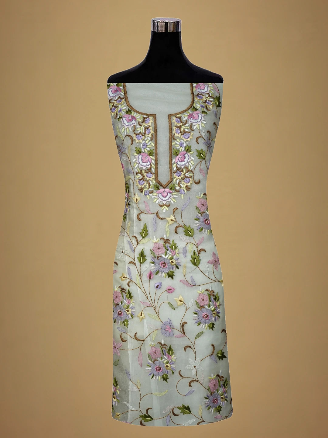 Ada Hand Embroidered White Organza Lucknowi Chikankari Unstitched Kurta Piece With Parsi Work 01A708849
