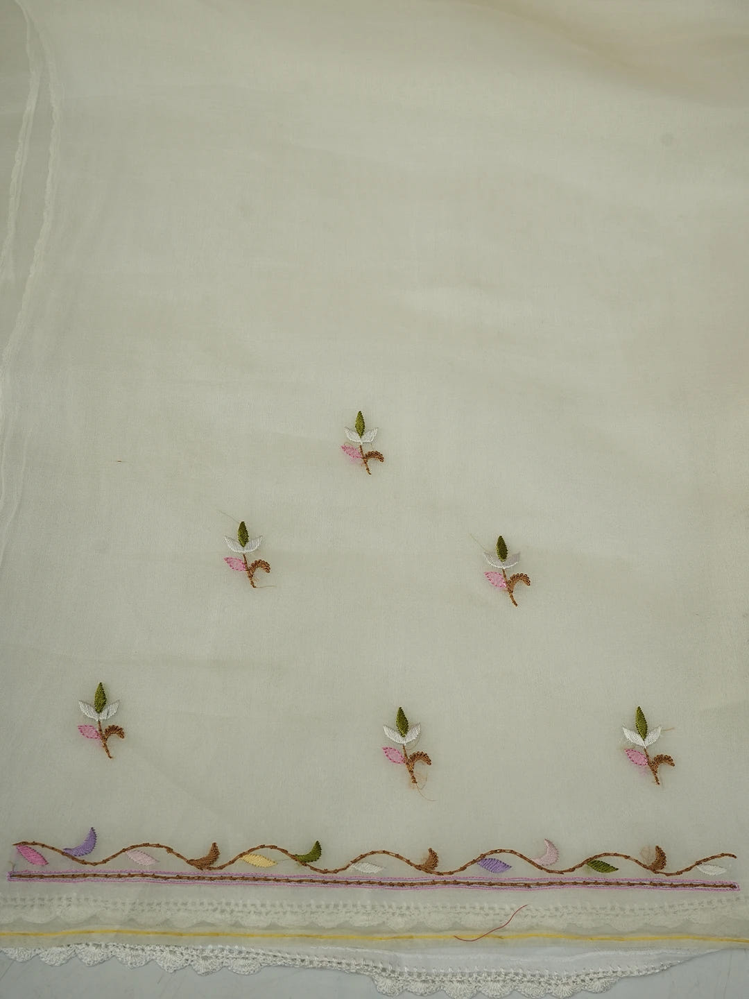 Ada Hand Embroidered White Organza Lucknowi Chikankari Unstitched Kurta Piece With Parsi Work 01A708849