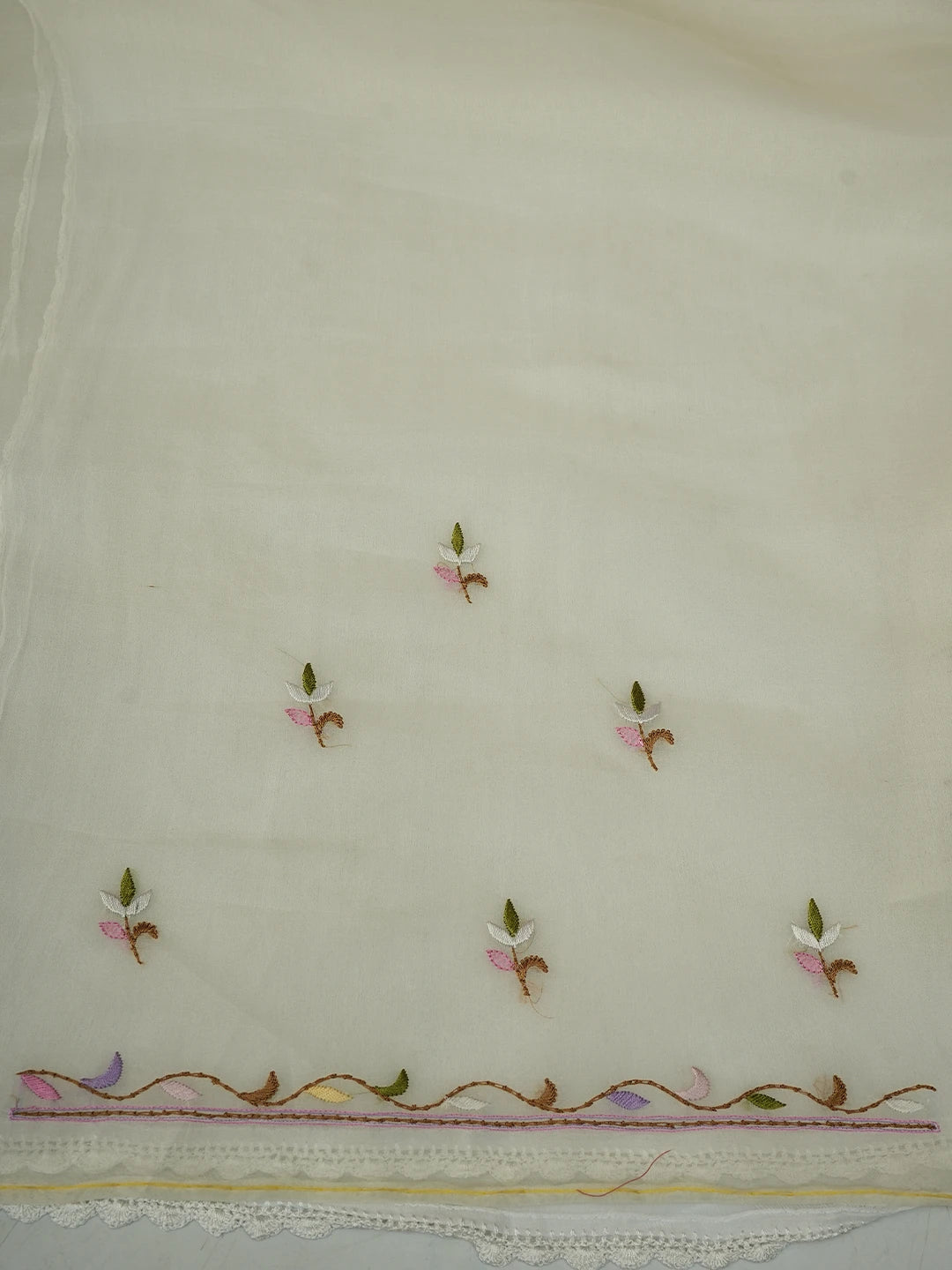 Ada Hand Embroidered White Organza Lucknowi Chikankari Unstitched Kurta Piece With Parsi Work 01A708849