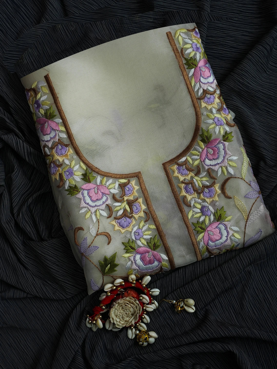 Ada Hand Embroidered White Organza Lucknowi Chikankari Unstitched Kurta Piece With Parsi Work 01A708849