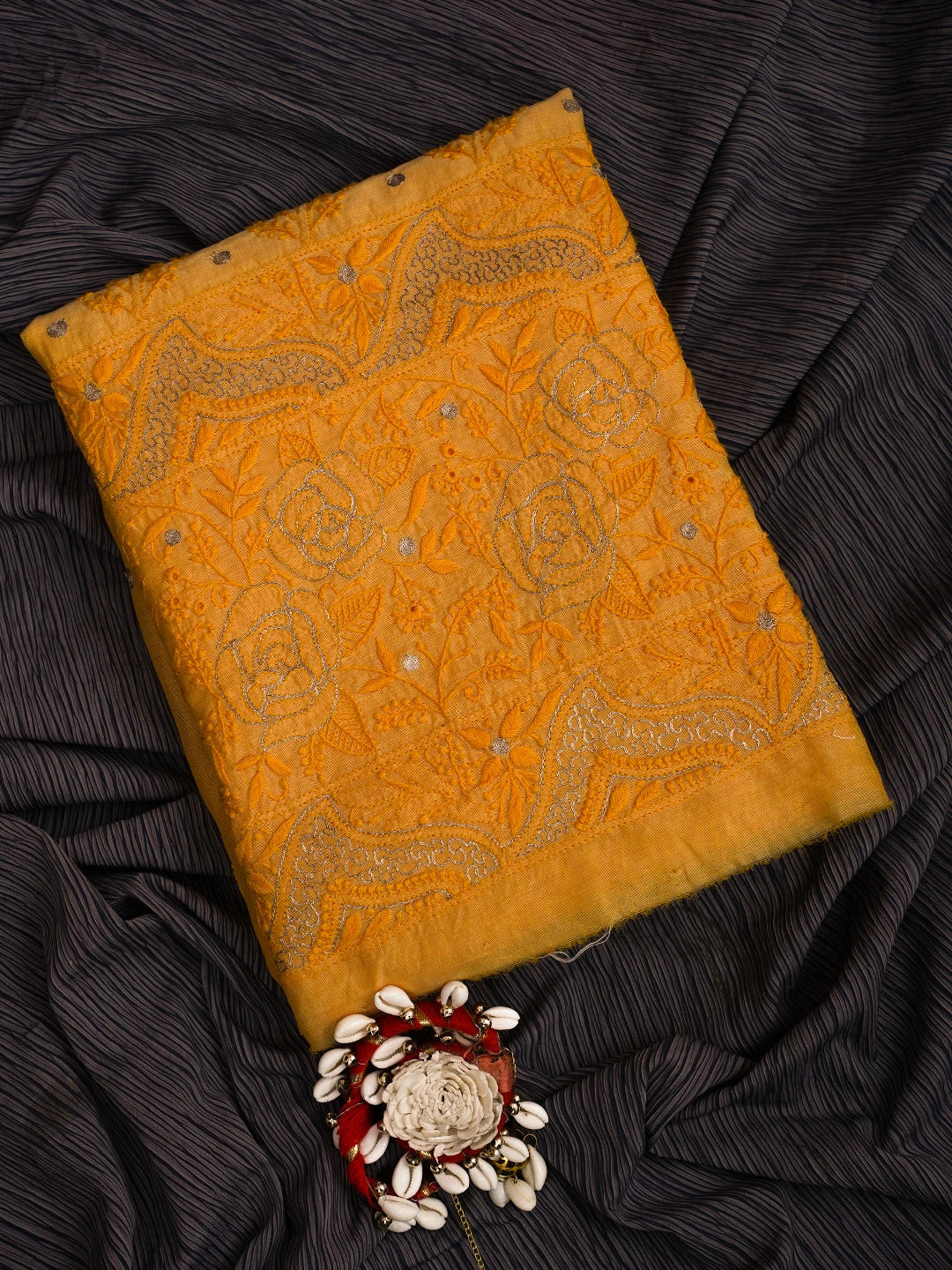 Ada Hand Embroidered Princeton Orange Chanderi Lucknowi Chikankari Unstitched Kurta Piece With Zari Work 01A216052