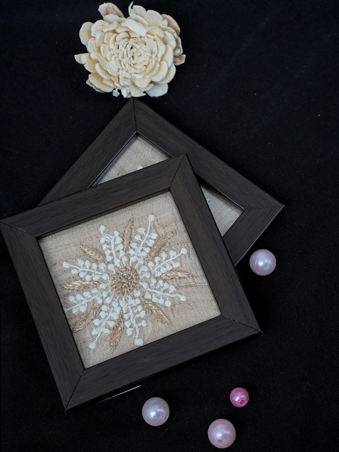 Ada Hand Embroidered Fawn Silk Lucknowi Chikankari Coaster Set With Zari Work 01A683698