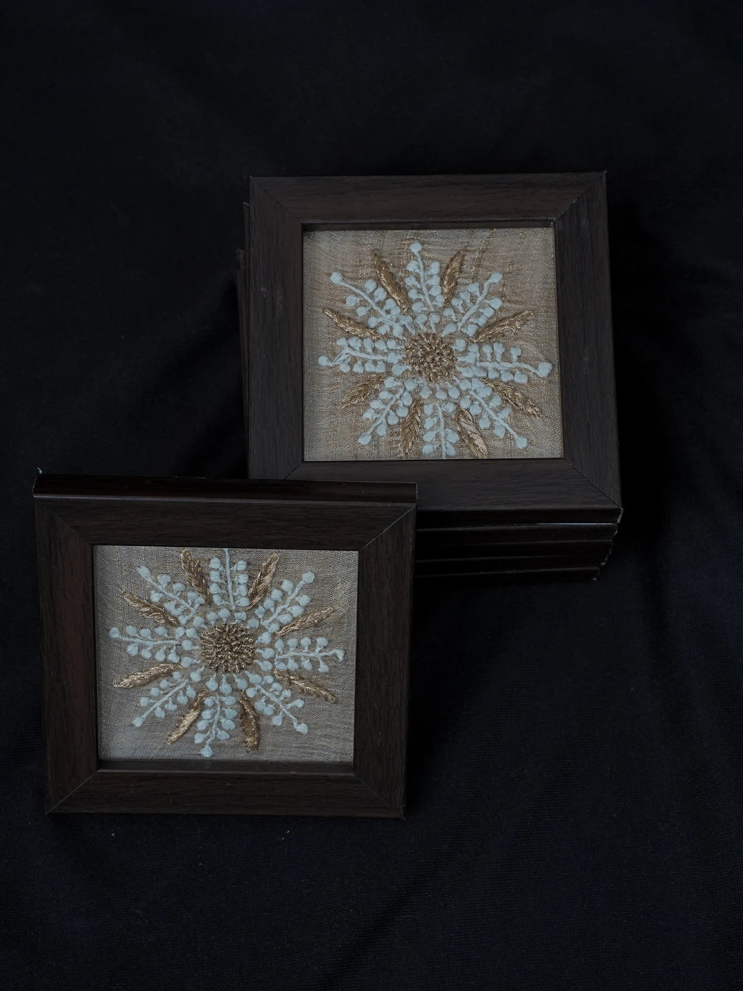 Ada Hand Embroidered Fawn Silk Lucknowi Chikankari Coaster Set With Zari Work 01A683698