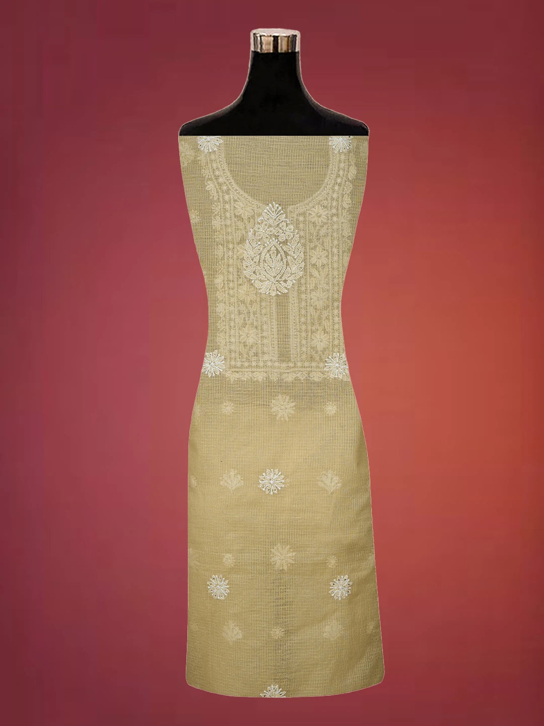 Ada Hand Embroidered Light Fawn Kota Lucknowi Chikankari Unstitched Kurta Dupatta Set With Mukaish Work 01A548937
