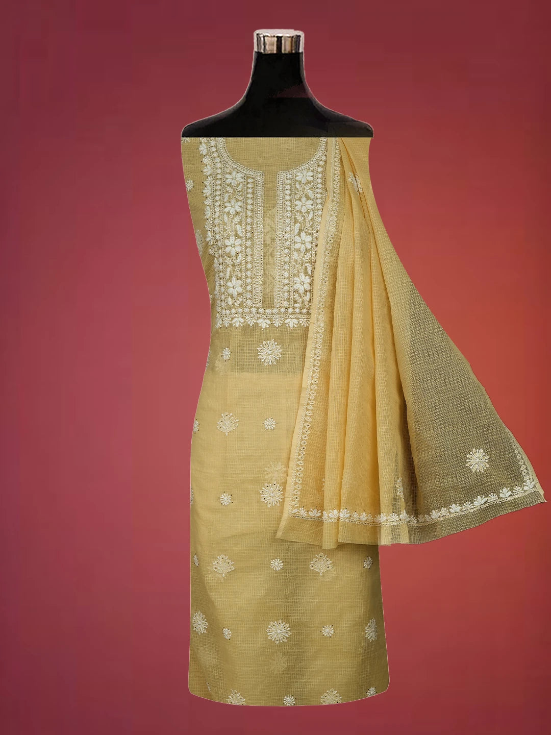 Ada Hand Embroidered Light Fawn Kota Lucknowi Chikankari Unstitched Kurta Dupatta Set With Mukaish Work 01A548937