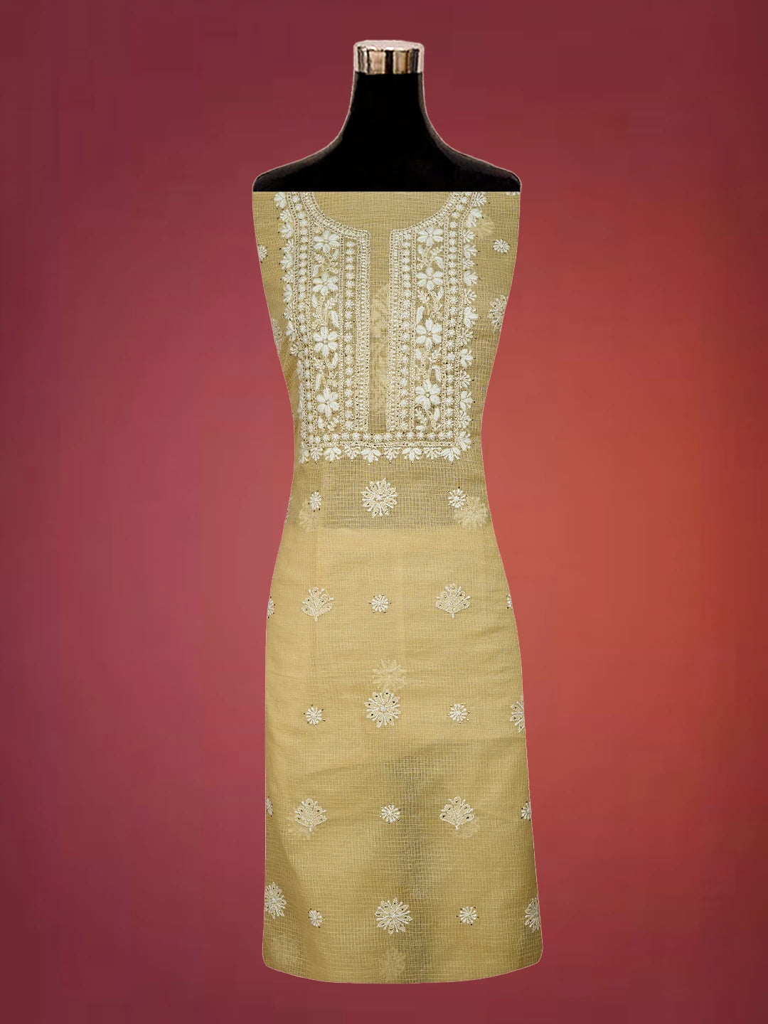 Ada Hand Embroidered Light Fawn Kota Lucknowi Chikankari Unstitched Kurta Dupatta Set With Mukaish Work 01A548937