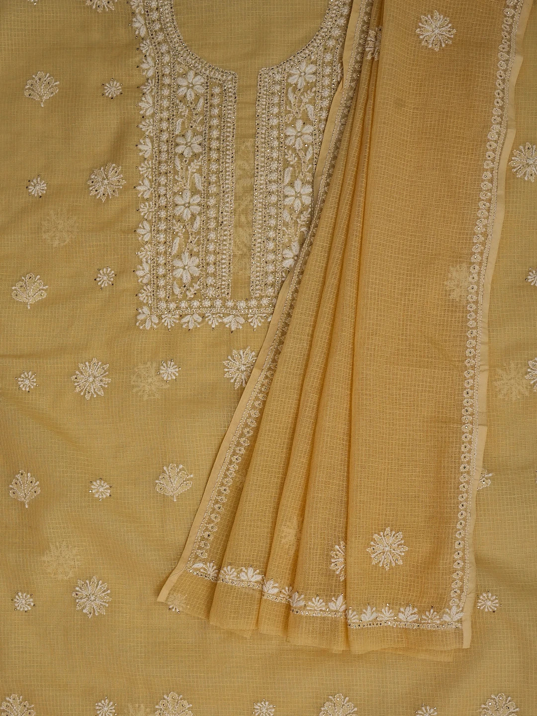 Ada Hand Embroidered Light Fawn Kota Lucknowi Chikankari Unstitched Kurta Dupatta Set With Mukaish Work 01A548937