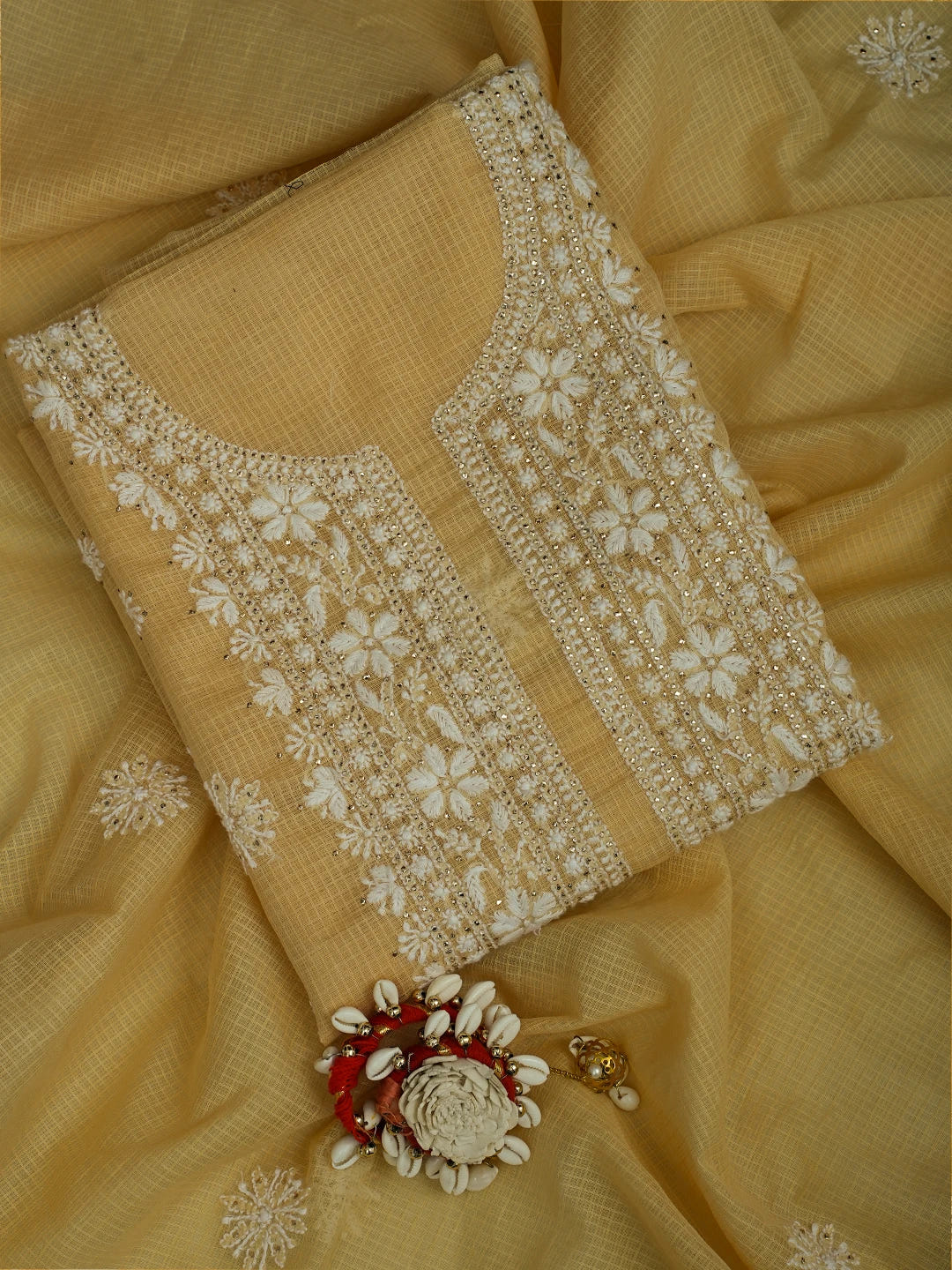 Ada Hand Embroidered Light Fawn Kota Lucknowi Chikankari Unstitched Kurta Dupatta Set With Mukaish Work 01A548937
