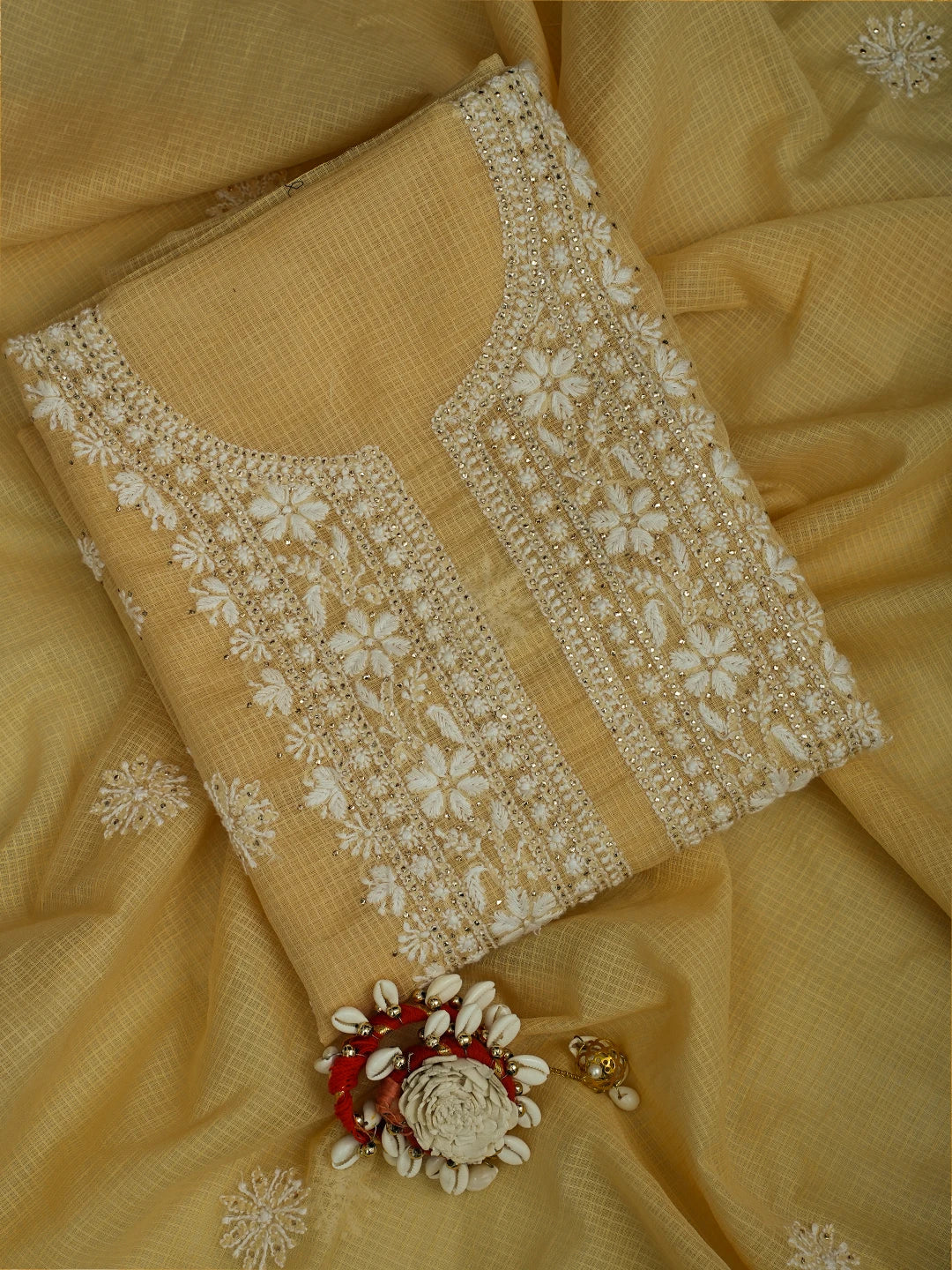 Ada Hand Embroidered Light Fawn Kota Lucknowi Chikankari Unstitched Kurta Dupatta Set With Mukaish Work 01A548937