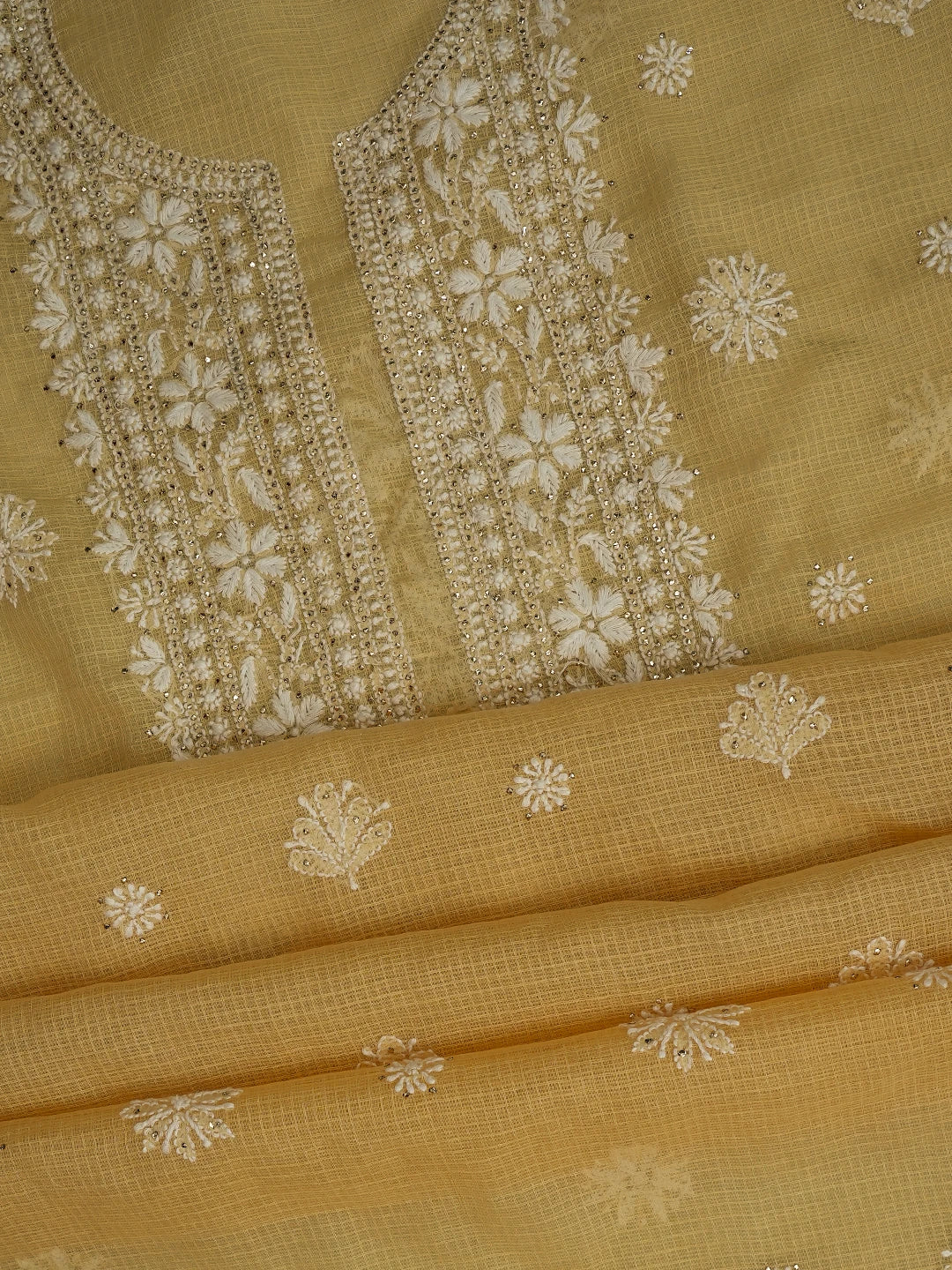 Ada Hand Embroidered Light Fawn Kota Lucknowi Chikankari Unstitched Kurta Dupatta Set With Mukaish Work 01A548937