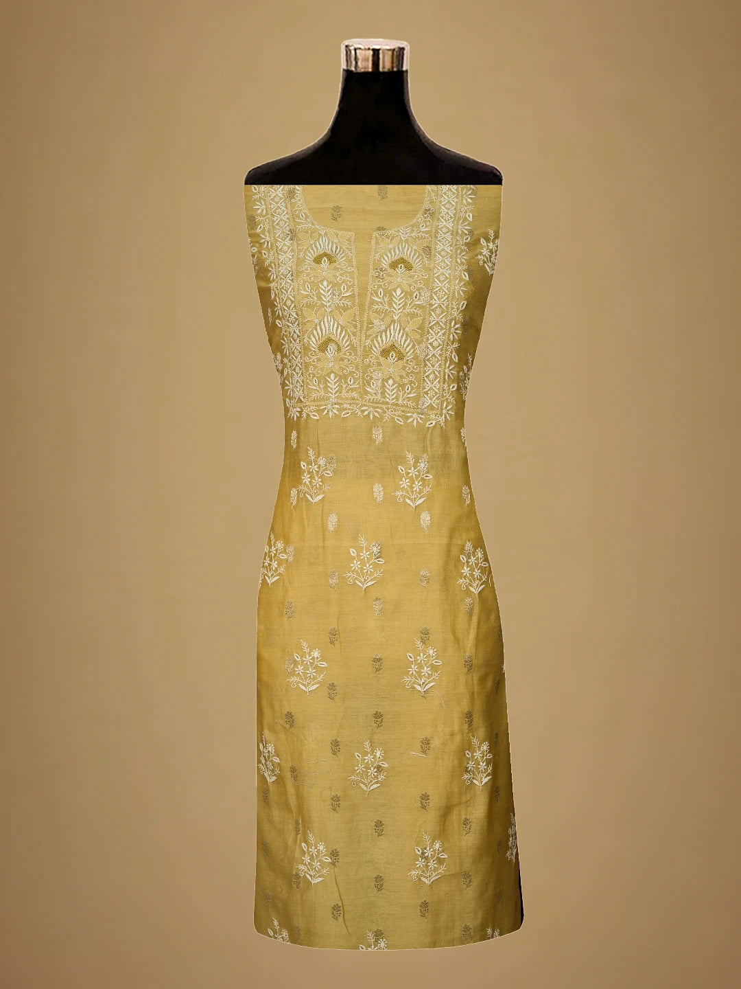 Ada Hand Embroidered Fawn Chanderi Lucknowi Chikankari Unstitched Kurta Dupatta Set With Zari Work 01A635587