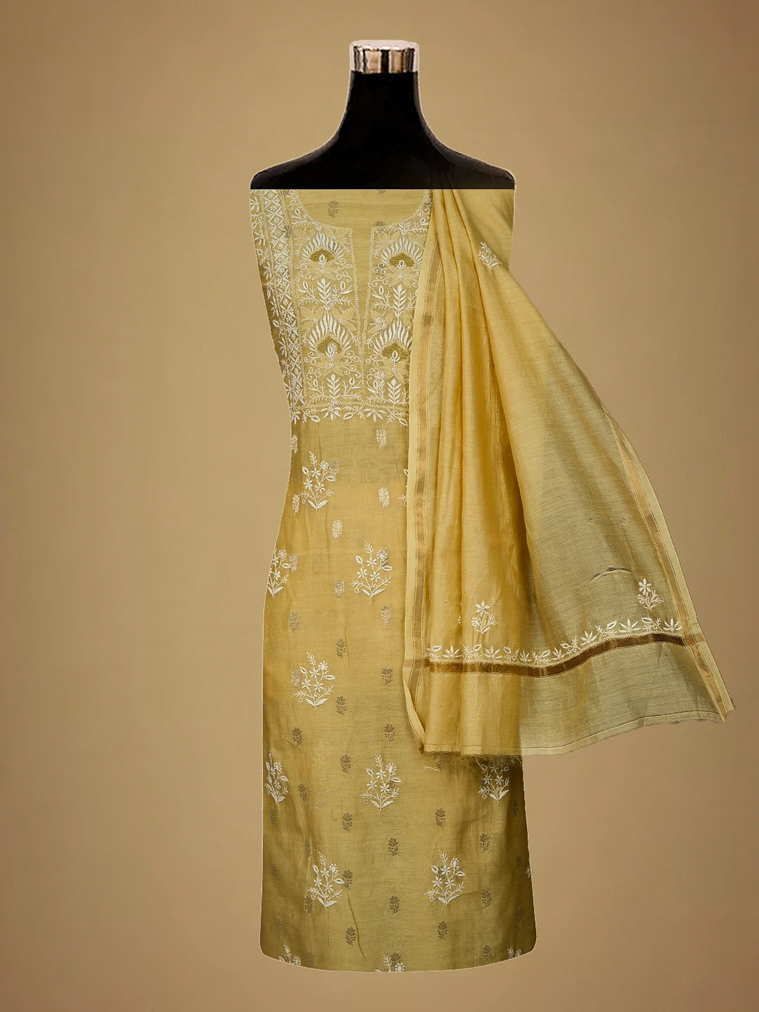 Ada Hand Embroidered Fawn Chanderi Lucknowi Chikankari Unstitched Kurta Dupatta Set With Zari Work 01A635587