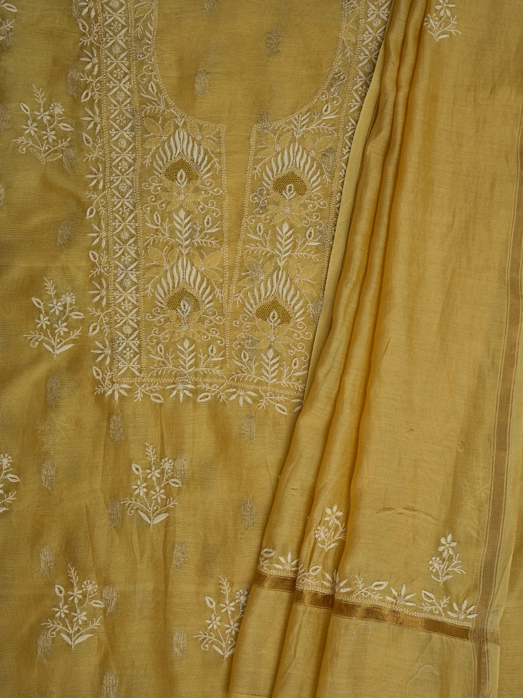 Ada Hand Embroidered Fawn Chanderi Lucknowi Chikankari Unstitched Kurta Dupatta Set With Zari Work 01A635587