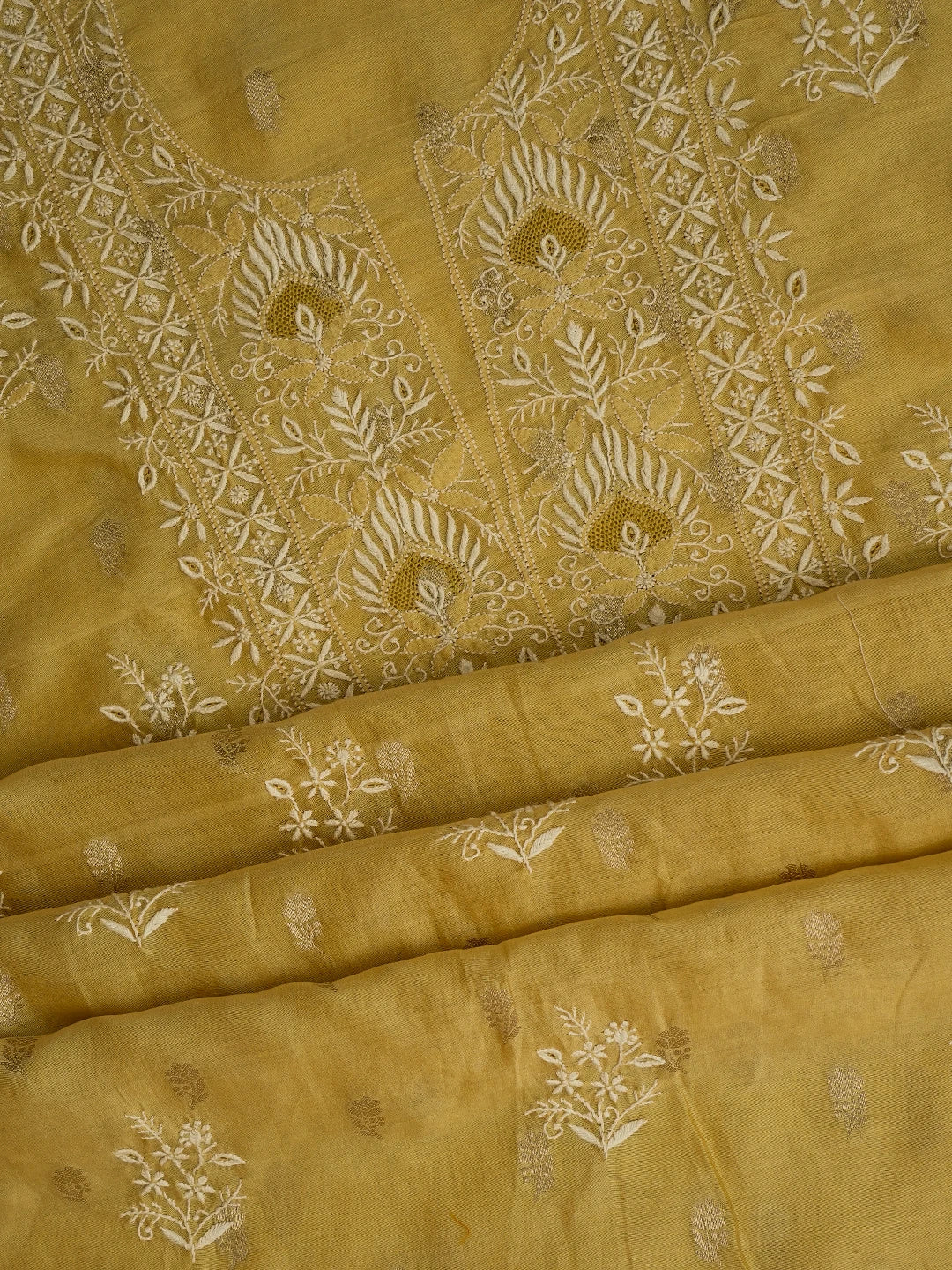 Ada Hand Embroidered Fawn Chanderi Lucknowi Chikankari Unstitched Kurta Dupatta Set With Zari Work 01A635587
