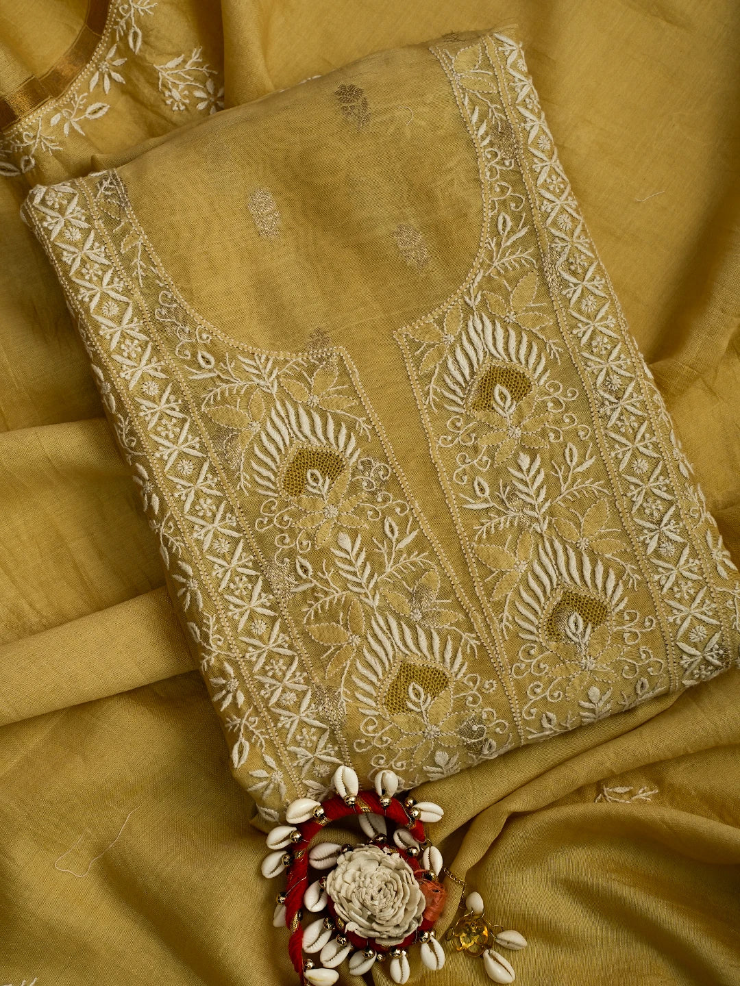 Ada Hand Embroidered Fawn Chanderi Lucknowi Chikankari Unstitched Kurta Dupatta Set With Zari Work 01A635587