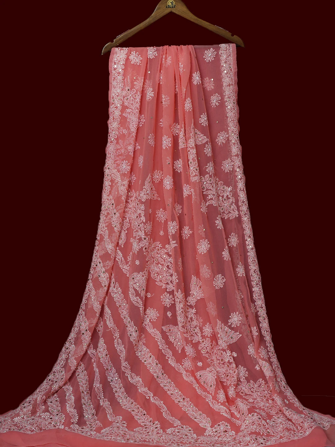Ada Hand Embroidered Carrot PInk Georgette Lucknowi Chikankari Saree and Blouse with Muqaish Work 01A528283