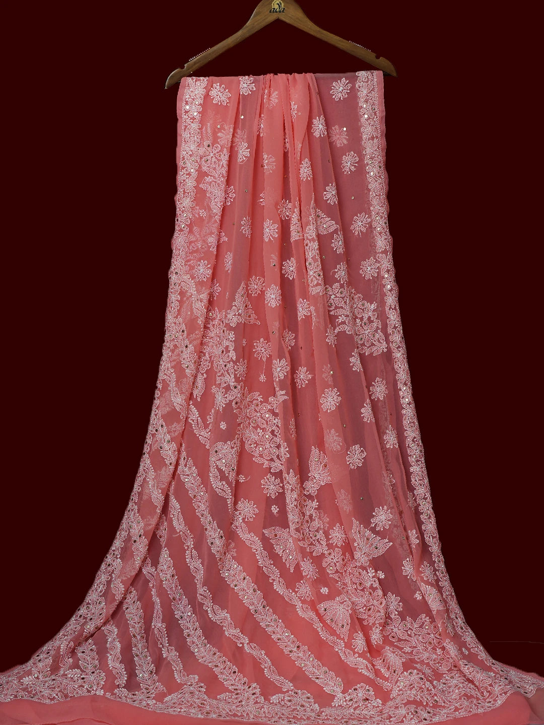Ada Hand Embroidered Carrot PInk Georgette Lucknowi Chikankari Saree and Blouse with Muqaish Work 01A528283