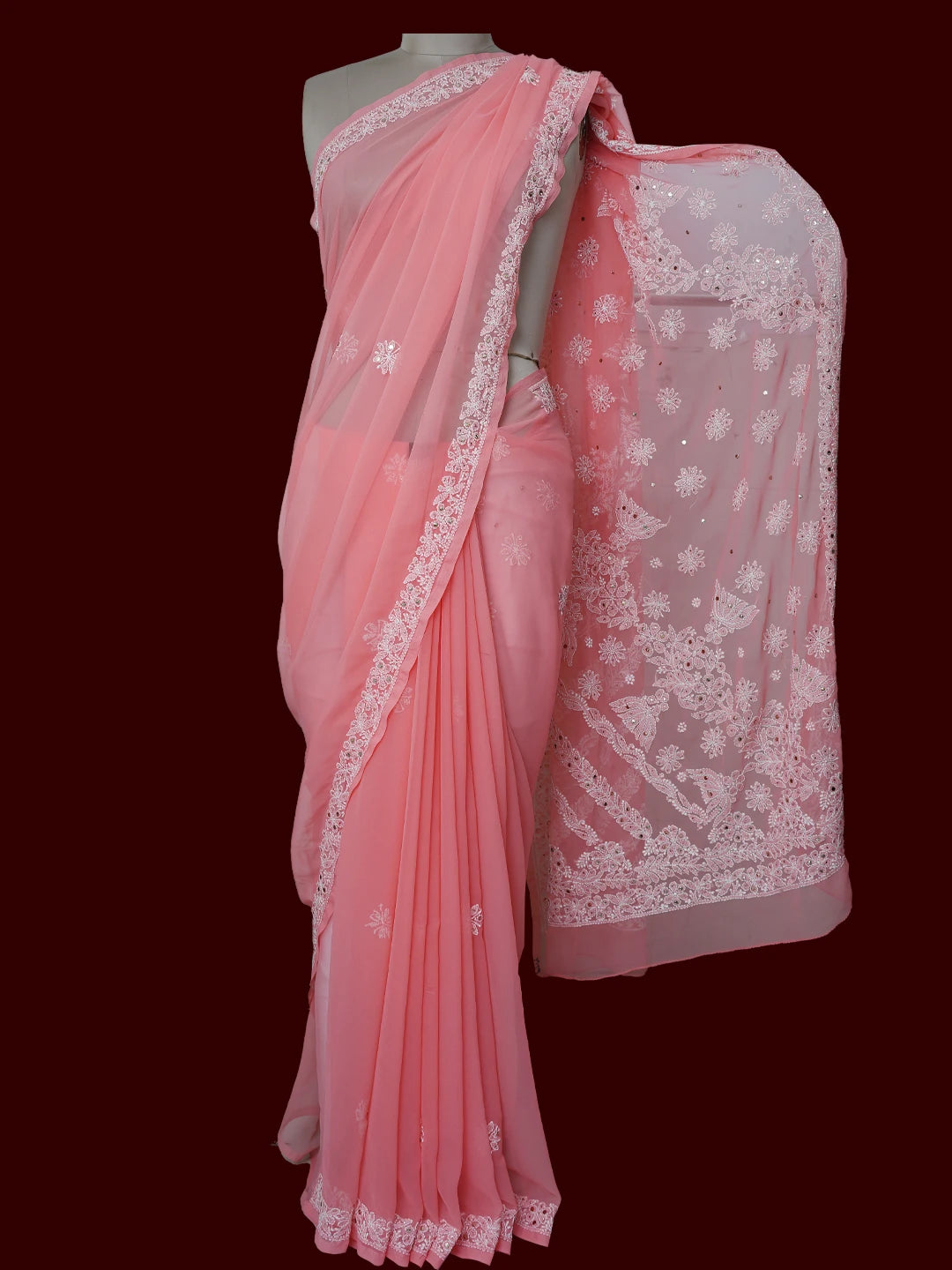 Ada Hand Embroidered Carrot PInk Georgette Lucknowi Chikankari Saree and Blouse with Muqaish Work 01A528283