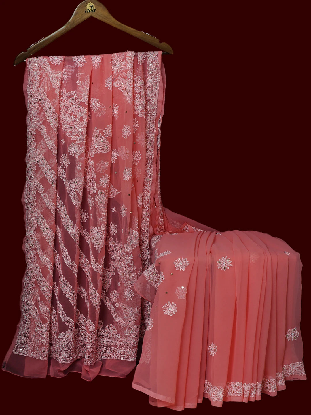 Ada Hand Embroidered Carrot PInk Georgette Lucknowi Chikankari Saree and Blouse with Muqaish Work 01A528283