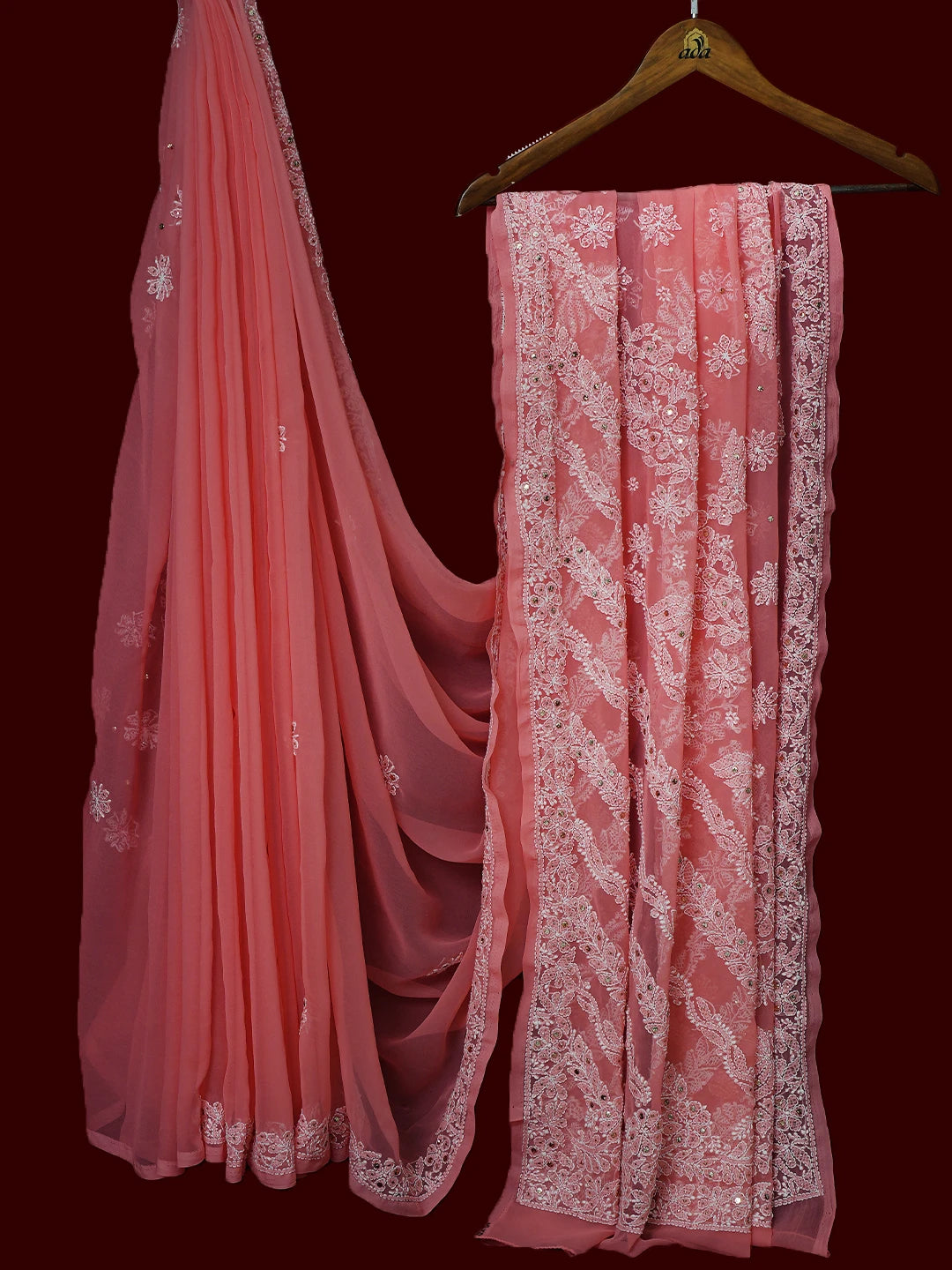 Ada Hand Embroidered Carrot PInk Georgette Lucknowi Chikankari Saree and Blouse with Muqaish Work 01A528283