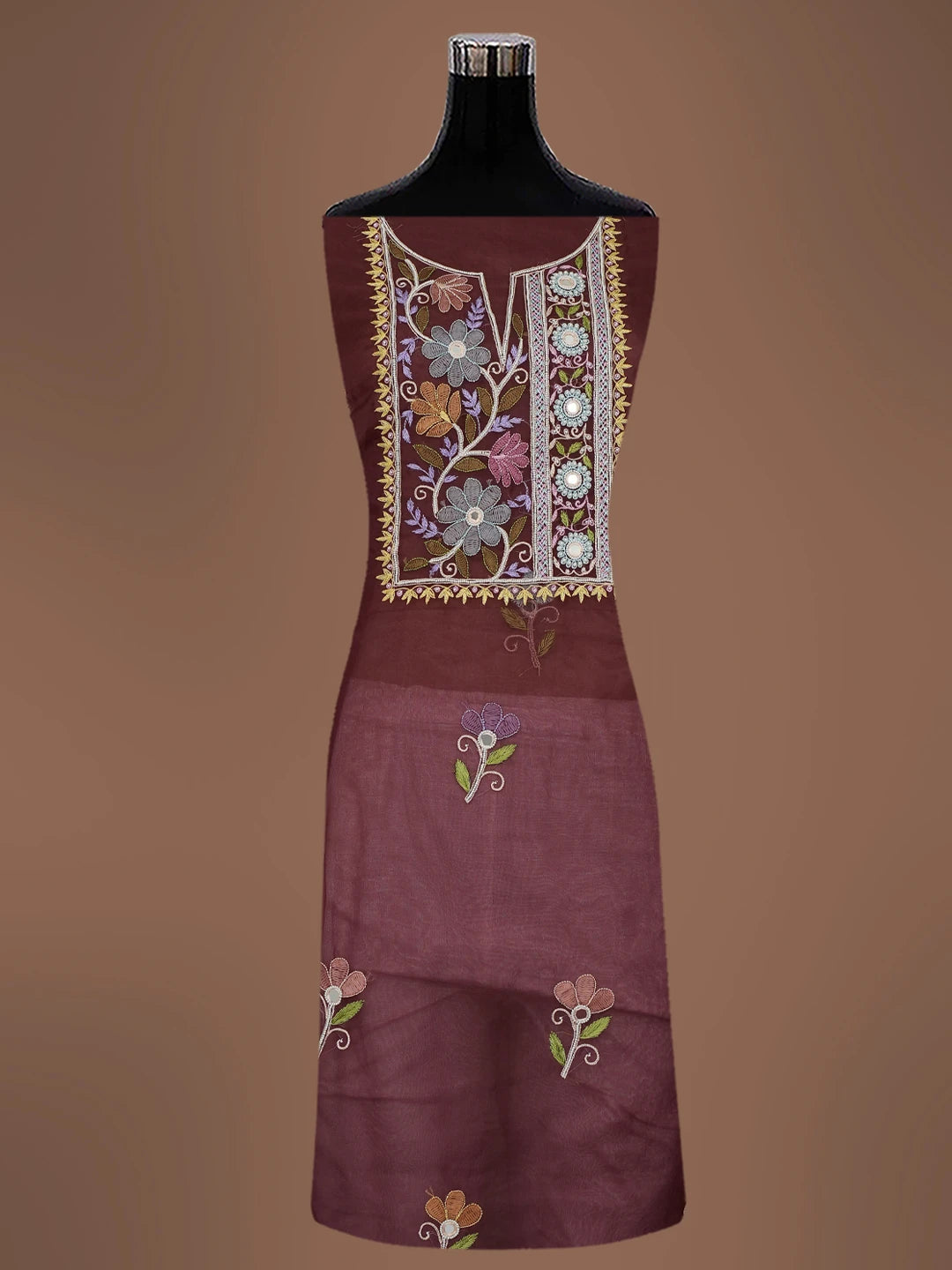 Ada Hand Embroidered Wine Organza Lucknowi Chikankari Unstitched Kurta Dupatta Set With Parsi Work 01A614879