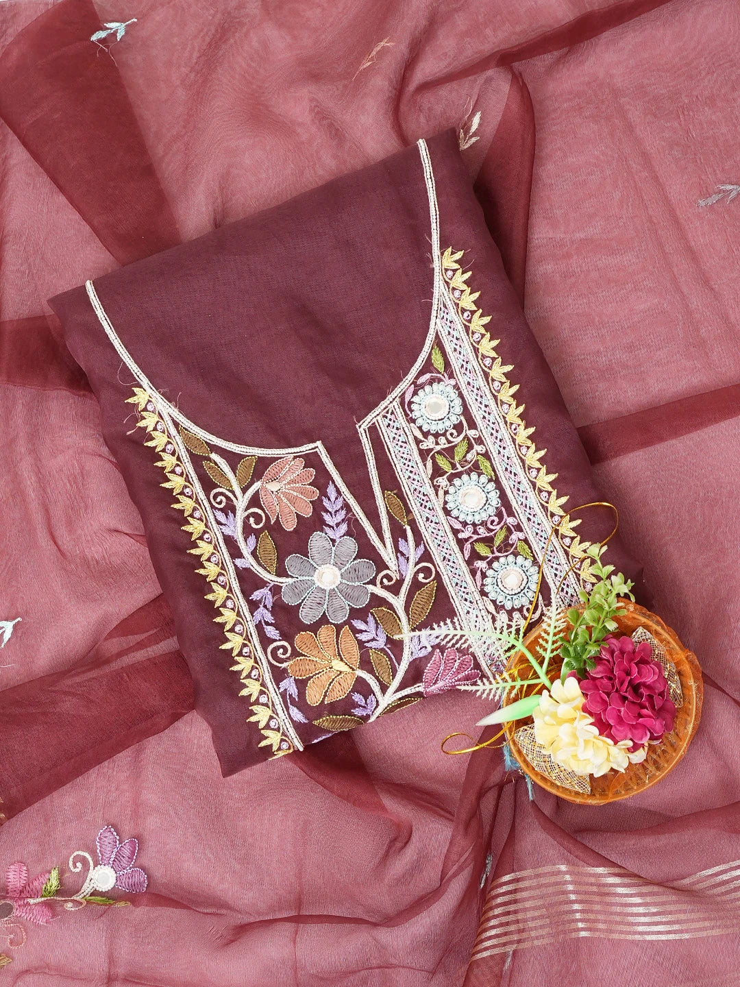Ada Hand Embroidered Wine Organza Lucknowi Chikankari Unstitched Kurta Dupatta Set With Parsi Work 01A614879