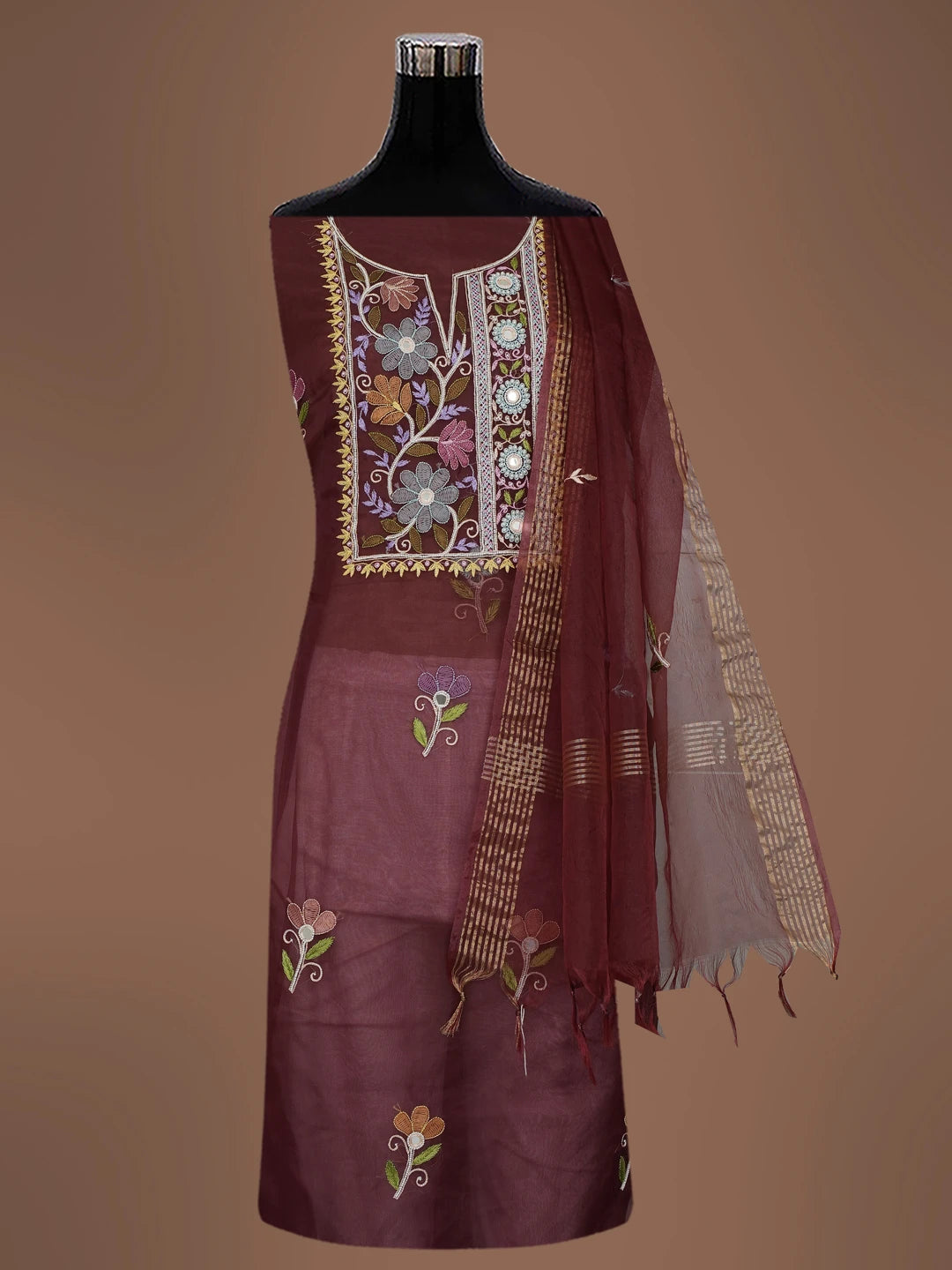 Ada Hand Embroidered Wine Organza Lucknowi Chikankari Unstitched Kurta Dupatta Set With Parsi Work 01A614879