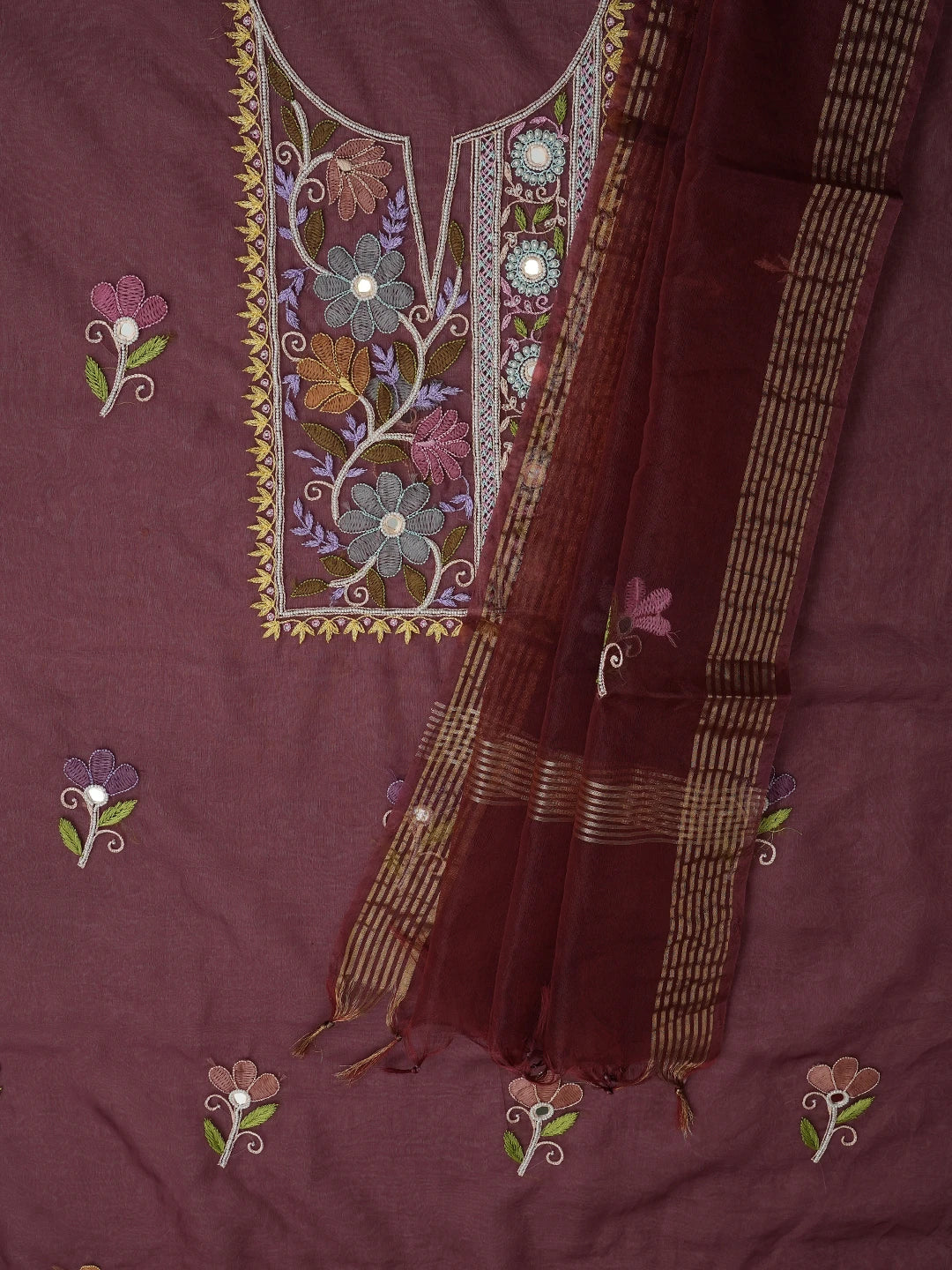Ada Hand Embroidered Wine Organza Lucknowi Chikankari Unstitched Kurta Dupatta Set With Parsi Work 01A614879